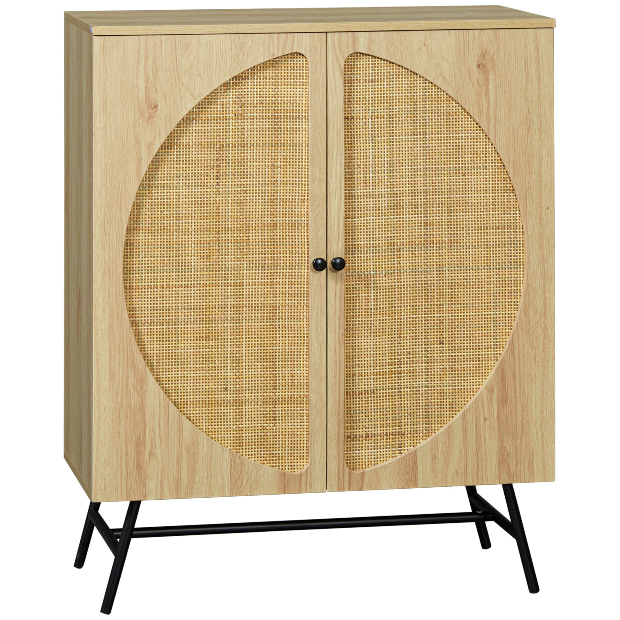 High Buffet Storage Cabinet with Wood and Wicker Design 2 Doors - 80 x 39 x 101.8 cm Natural