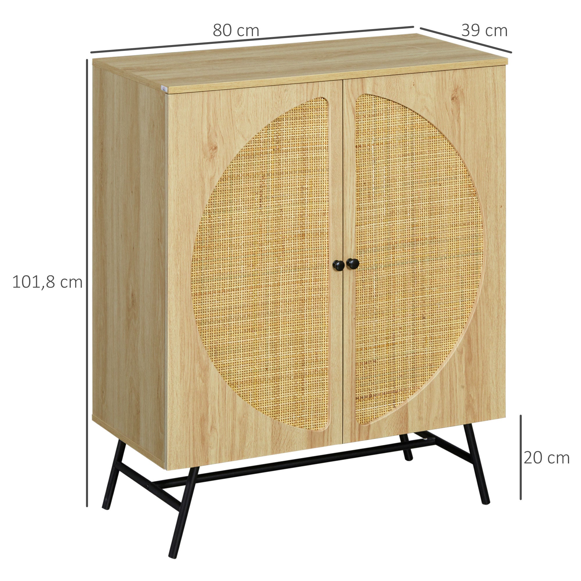 High Buffet Storage Cabinet with Wood and Wicker Design 2 Doors - 80 x 39 x 101.8 cm Natural