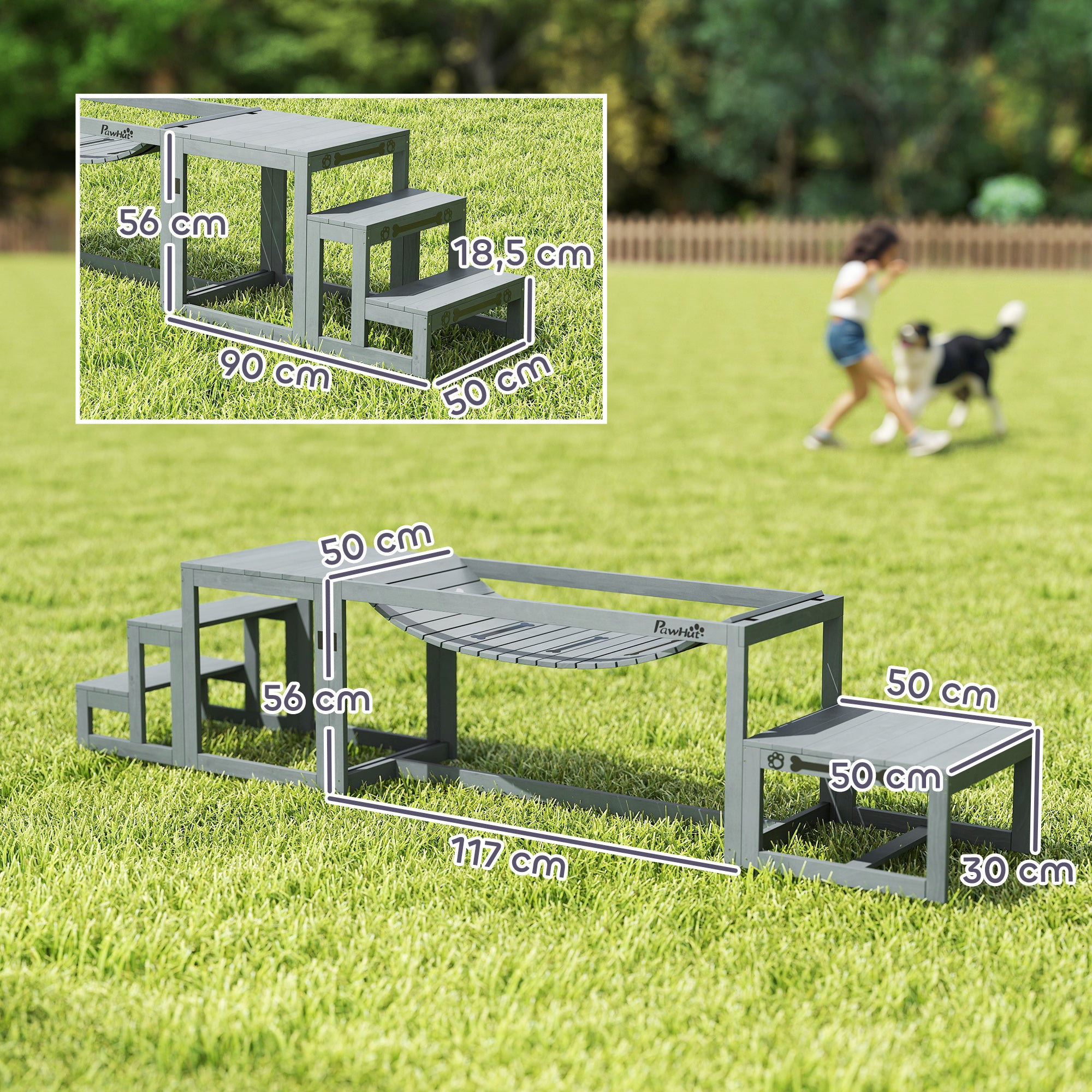 3-Piece Dog Agility Set — Spruce Wood Bridge, Ladder & Platform for Medium to Large Dogs up to 40 kg (88 lb), Gray