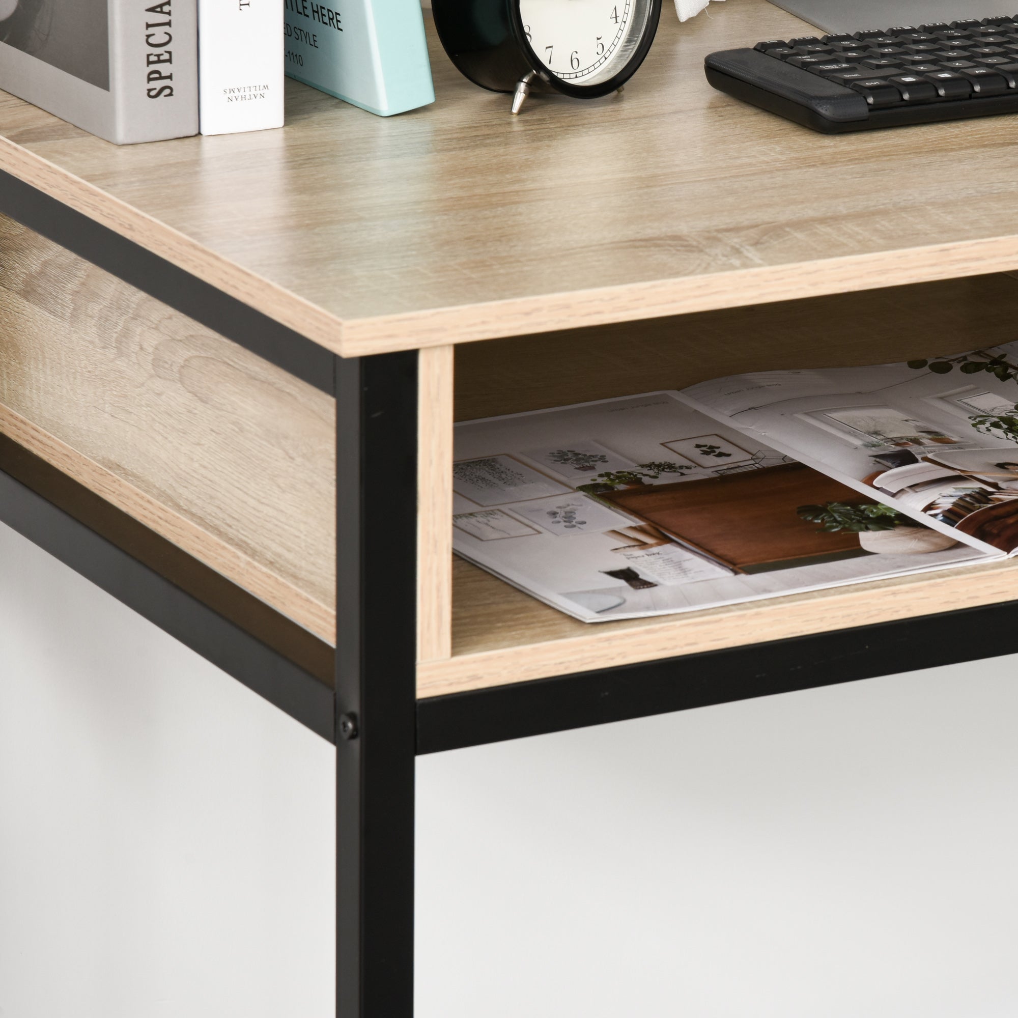 Industrial Desk with Storage Computer Desk with Drawer Metal Frame Black Oak Wood Desktop