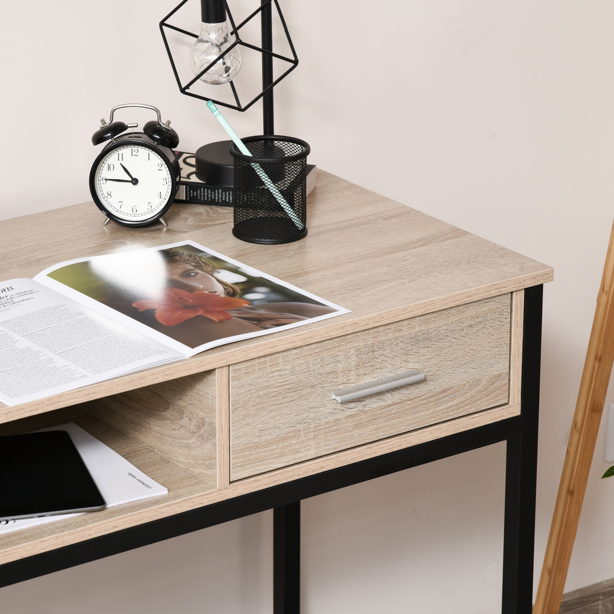 Industrial Desk with Storage Computer Desk with Drawer Metal Frame Black Oak Wood Desktop