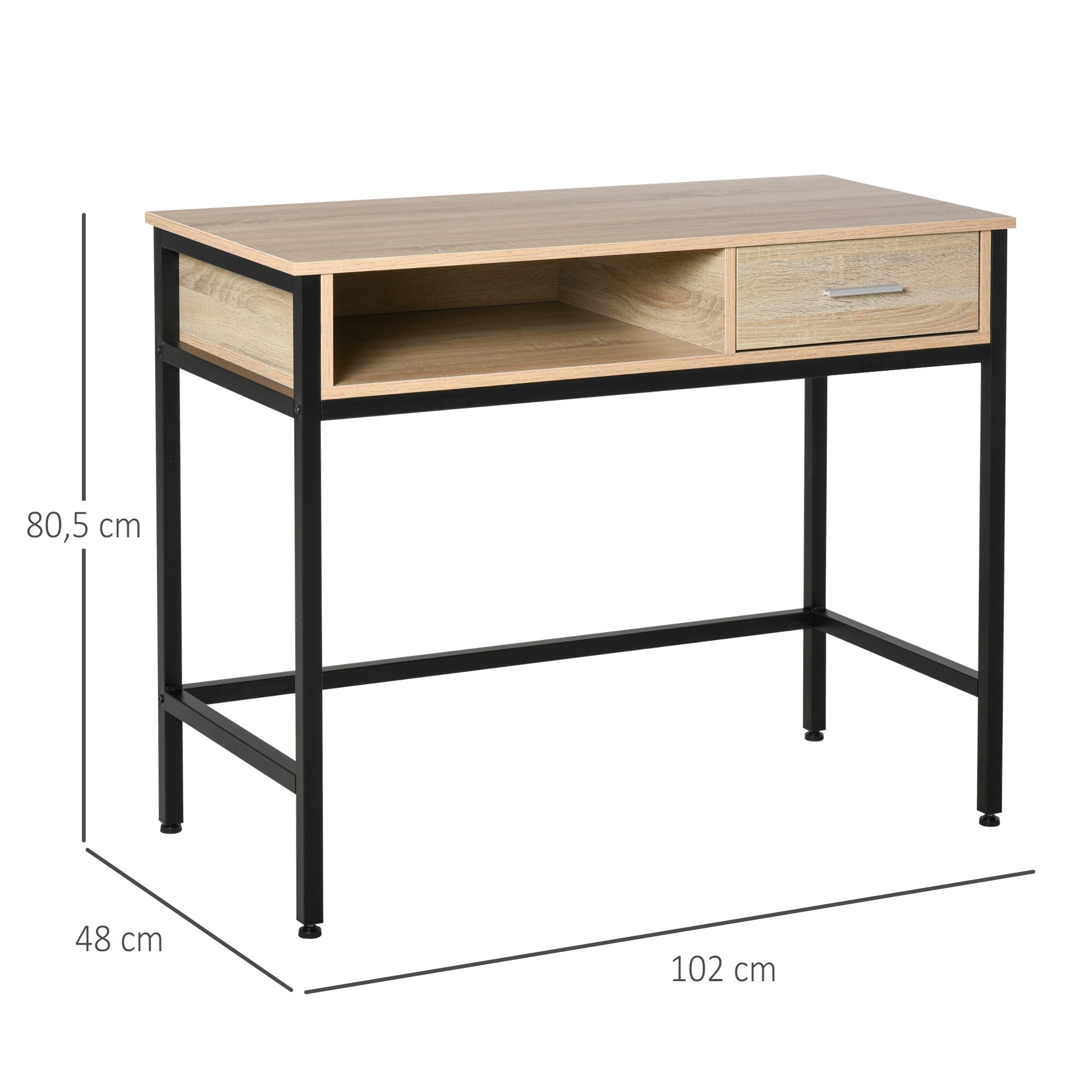 Industrial Desk with Storage Computer Desk with Drawer Metal Frame Black Oak Wood Desktop
