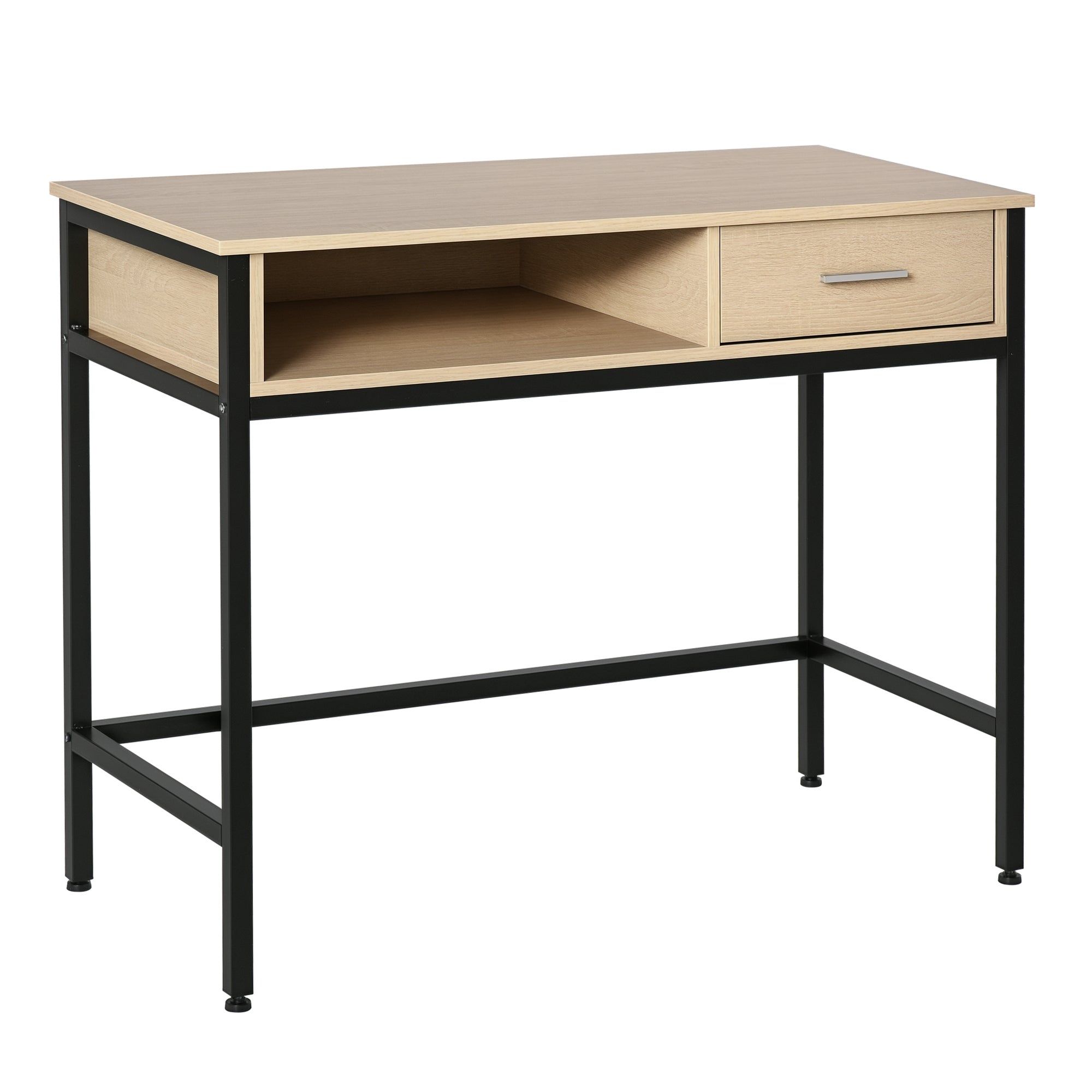 Industrial Desk with Storage Computer Desk with Drawer Metal Frame Black Oak Wood Desktop