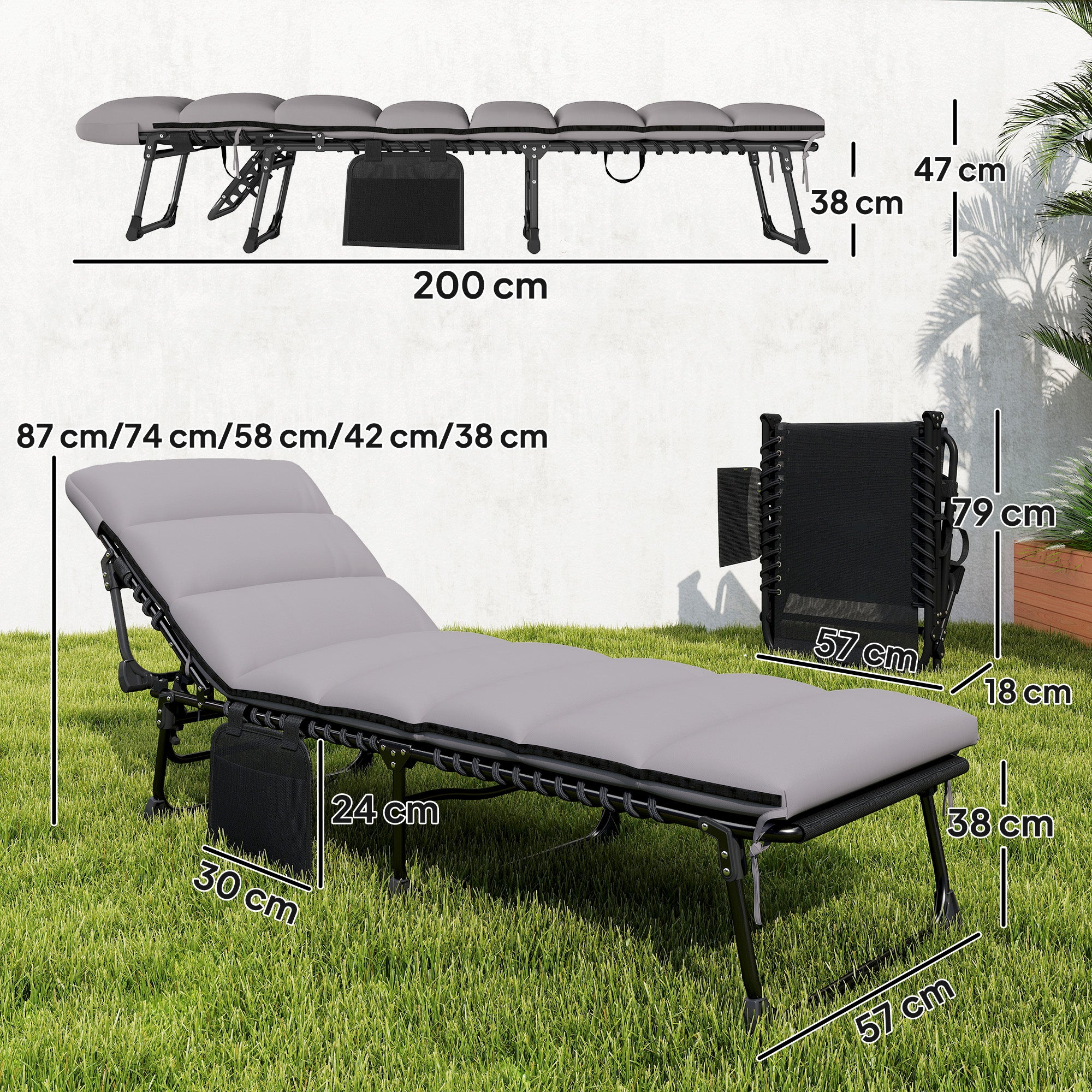 Folding Portable Sun Lounger – 5-Position Adjustable Backrest, Padded Mattress & Headrest, Side Pocket, Breathable Mesh Recliner for Garden, Patio & Pool