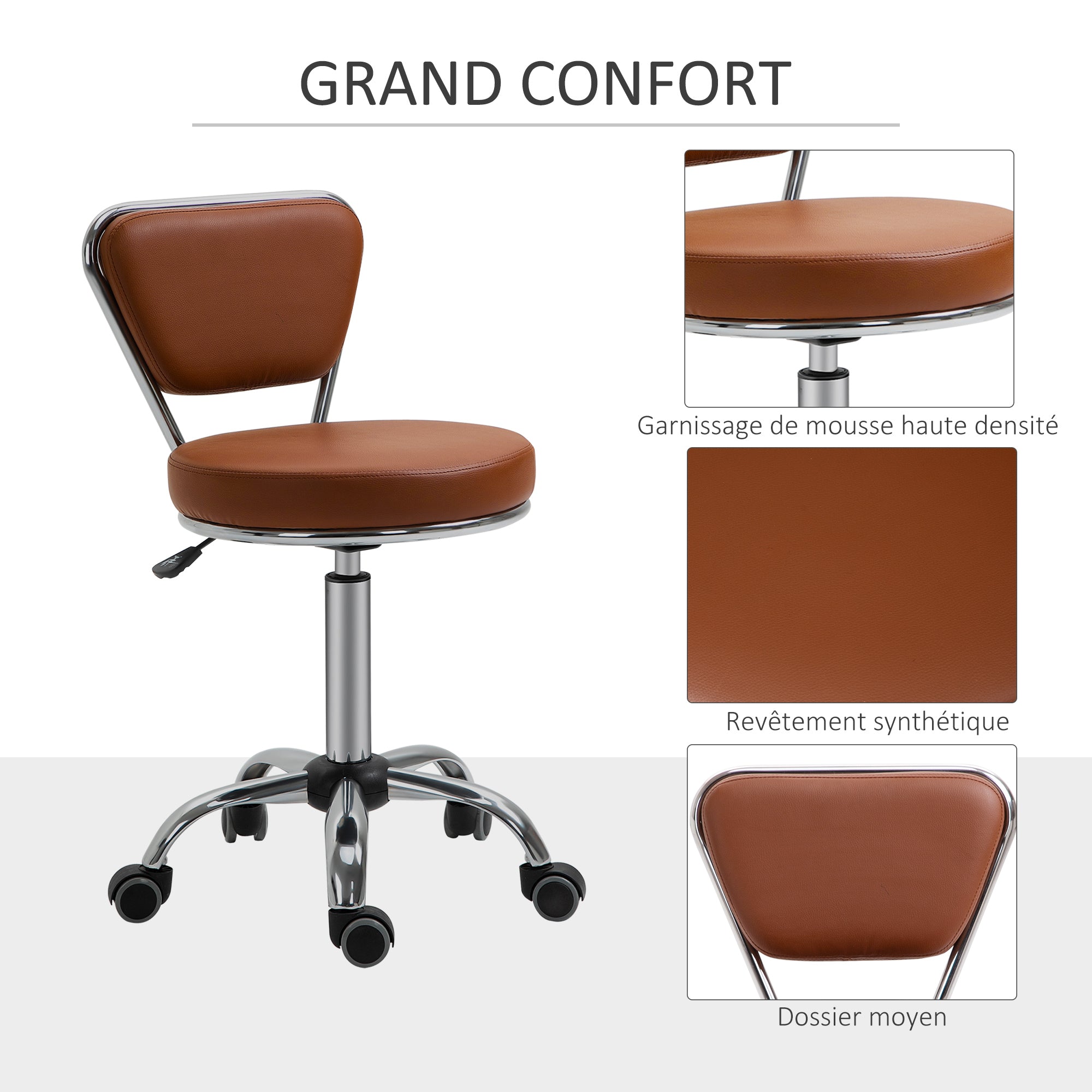 Vintage Massage Stool - swivel work stool 360° - adjustable seat height 49-64 cm - brown synthetic coating chrome metal
