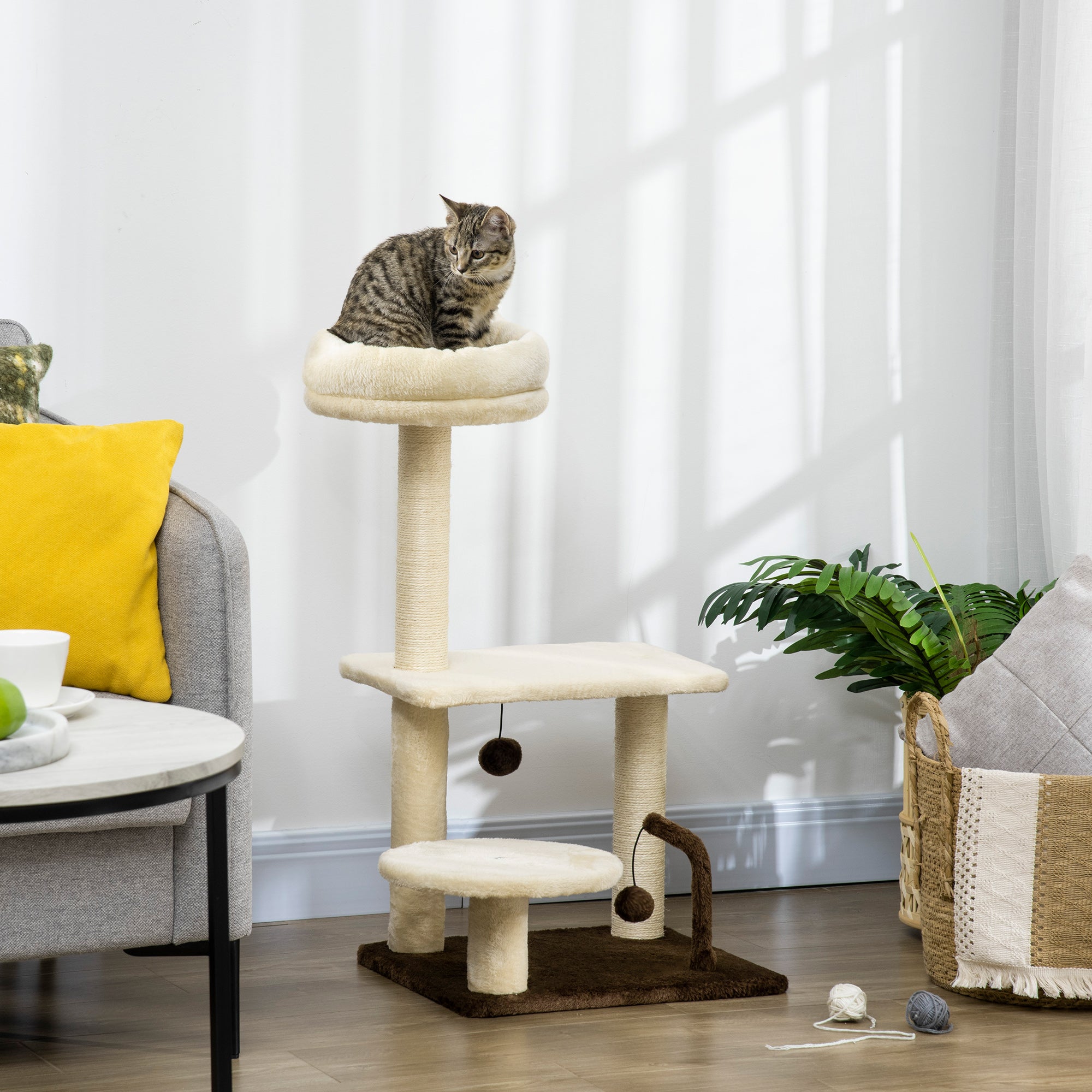 Cat Scratching Tree with Sisal Post, Perch, and Play Balls, in Particleboard and Plush, 44x38x81 cm, Beige