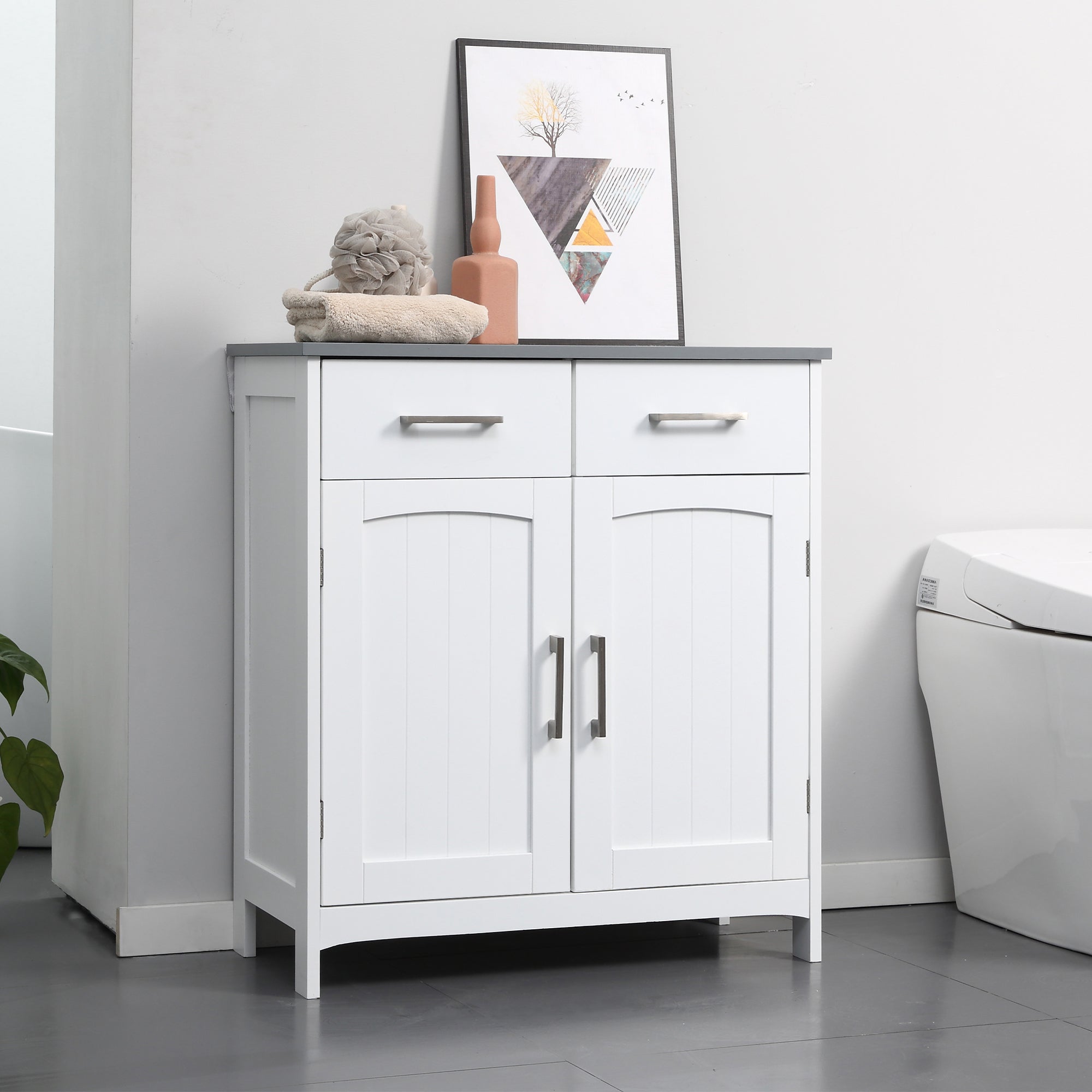Bathroom Cabinet Storage Unit with 2 Drawers, Cupboard with Doors, Adjustable Shelf, Bathroom Kitchen Living Room, 68 x 33 x 76 cm, White