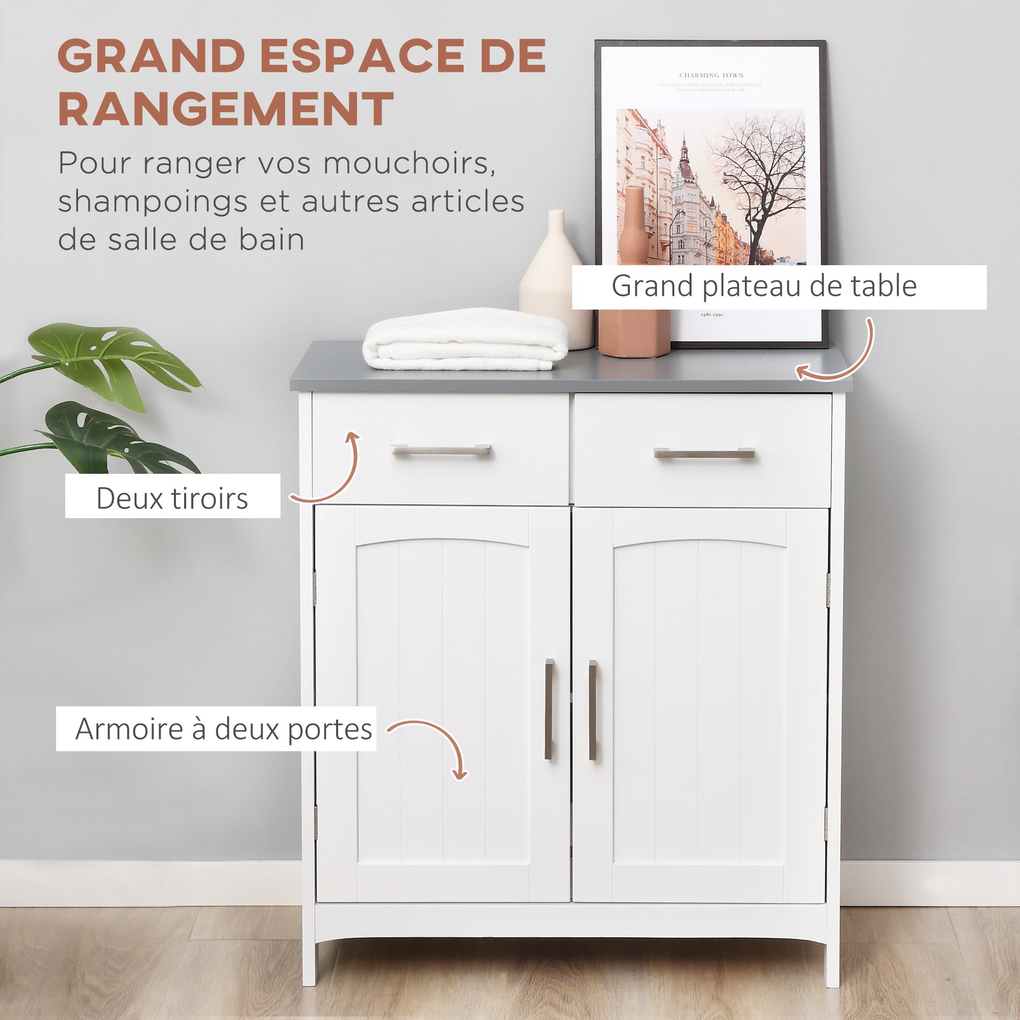 Bathroom Cabinet Storage Unit with 2 Drawers, Cupboard with Doors, Adjustable Shelf, Bathroom Kitchen Living Room, 68 x 33 x 76 cm, White