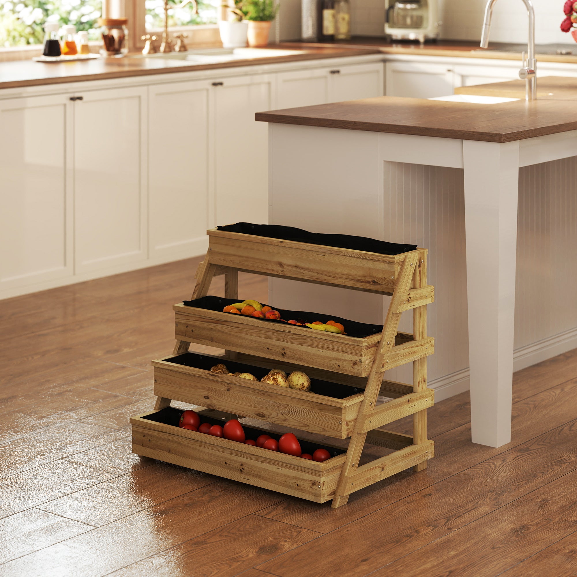 4-Tier Raised Garden Bed Outdoor Planter, Fir Wood Raised Planter with Drainage Holes and Non-Woven Fabric, for Plants, Flowers, and Vegetables, 75x57x60.5 cm, Wood Color