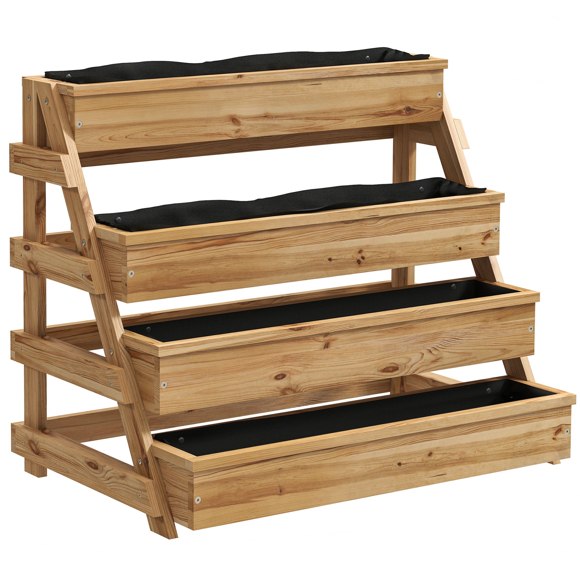 4-Tier Raised Garden Bed Outdoor Planter, Fir Wood Raised Planter with Drainage Holes and Non-Woven Fabric, for Plants, Flowers, and Vegetables, 75x57x60.5 cm, Wood Color