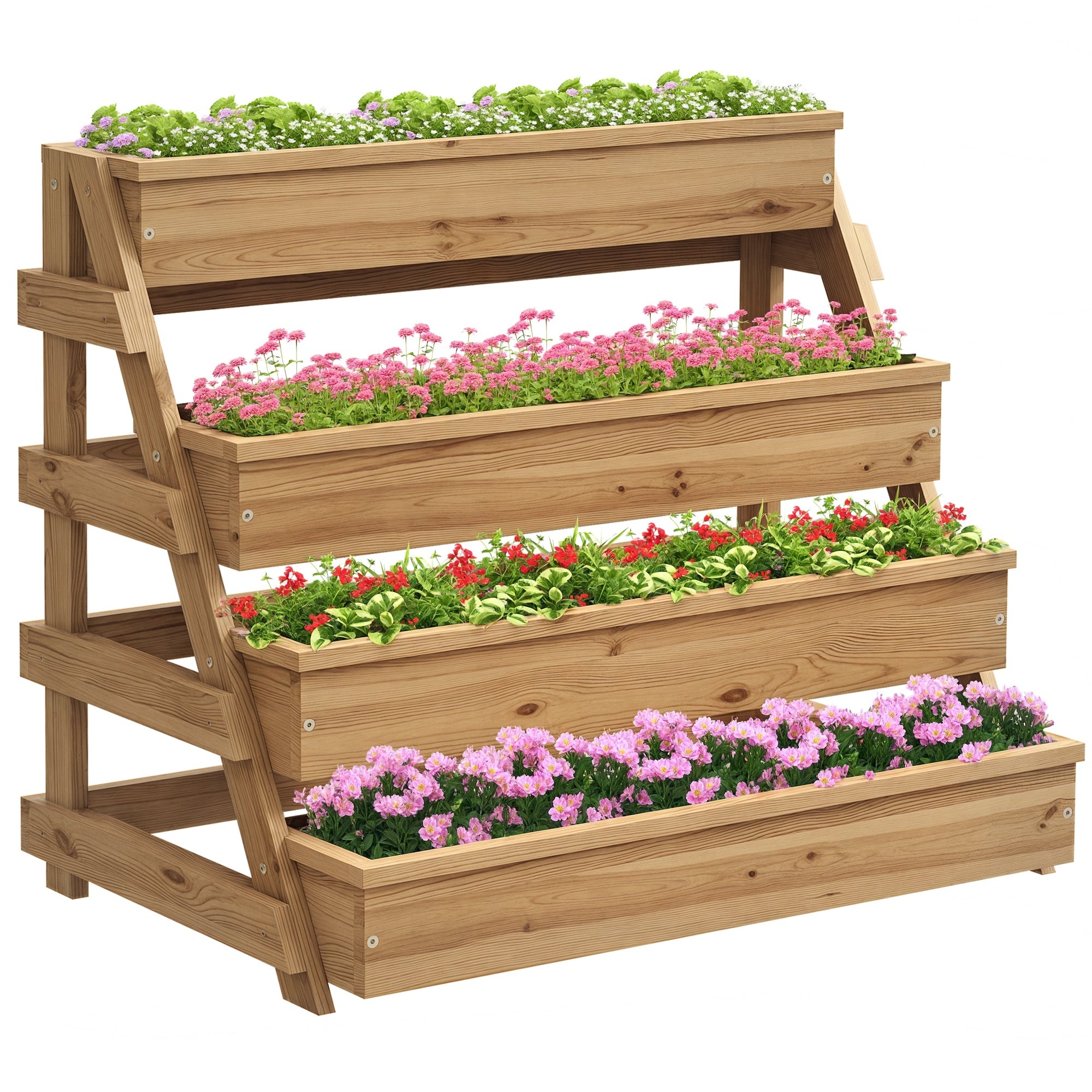 4-Tier Raised Garden Bed Outdoor Planter, Fir Wood Raised Planter with Drainage Holes and Non-Woven Fabric, for Plants, Flowers, and Vegetables, 75x57x60.5 cm, Wood Color