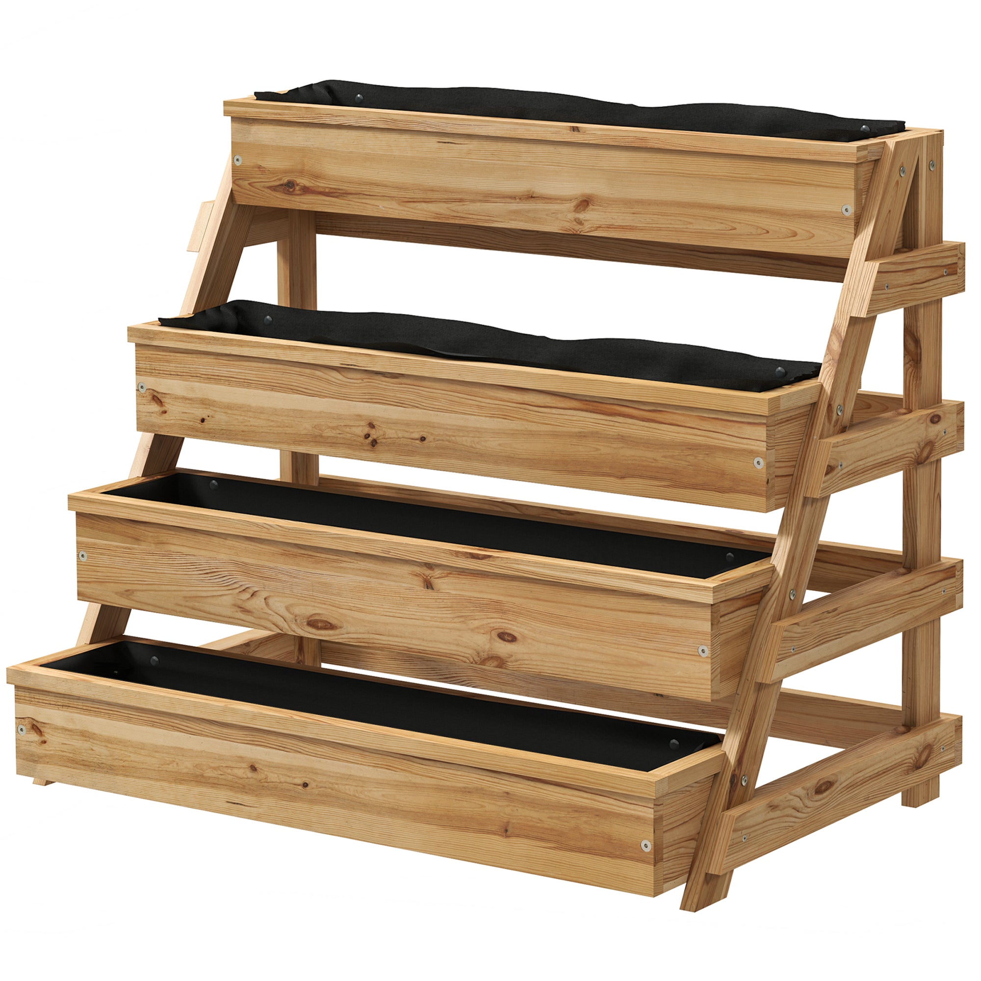 4-Tier Raised Garden Bed Outdoor Planter, Fir Wood Raised Planter with Drainage Holes and Non-Woven Fabric, for Plants, Flowers, and Vegetables, 75x57x60.5 cm, Wood Color