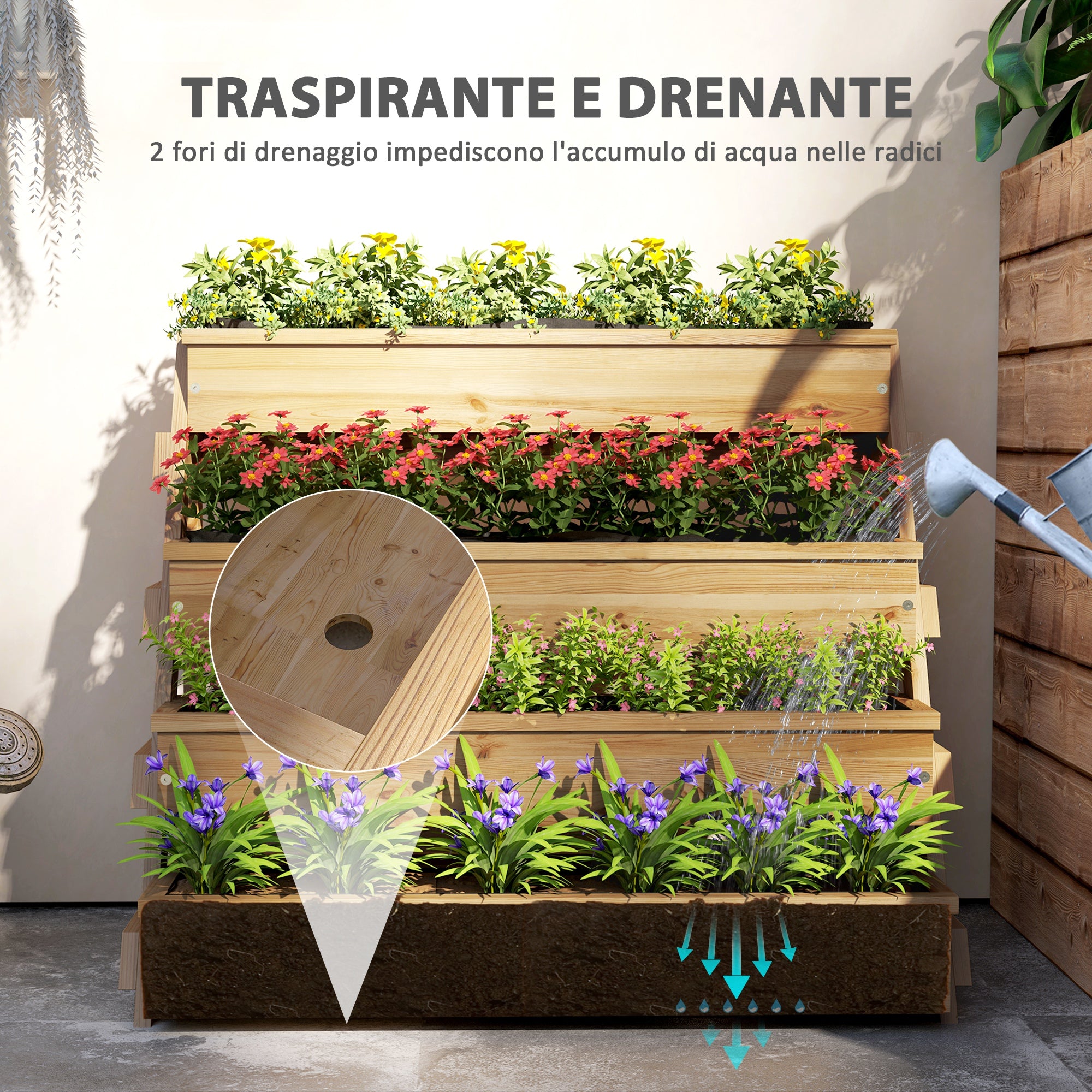 4-Tier Raised Garden Bed Outdoor Planter, Fir Wood Raised Planter with Drainage Holes and Non-Woven Fabric, for Plants, Flowers, and Vegetables, 75x57x60.5 cm, Wood Color