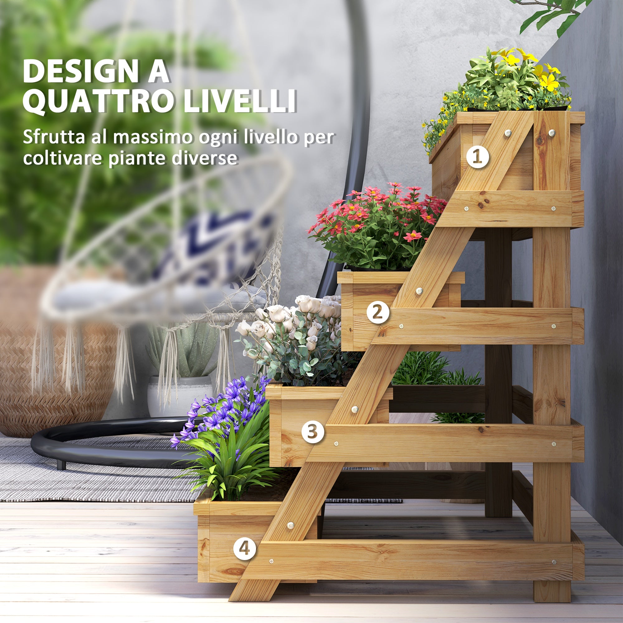 4-Tier Raised Garden Bed Outdoor Planter, Fir Wood Raised Planter with Drainage Holes and Non-Woven Fabric, for Plants, Flowers, and Vegetables, 75x57x60.5 cm, Wood Color