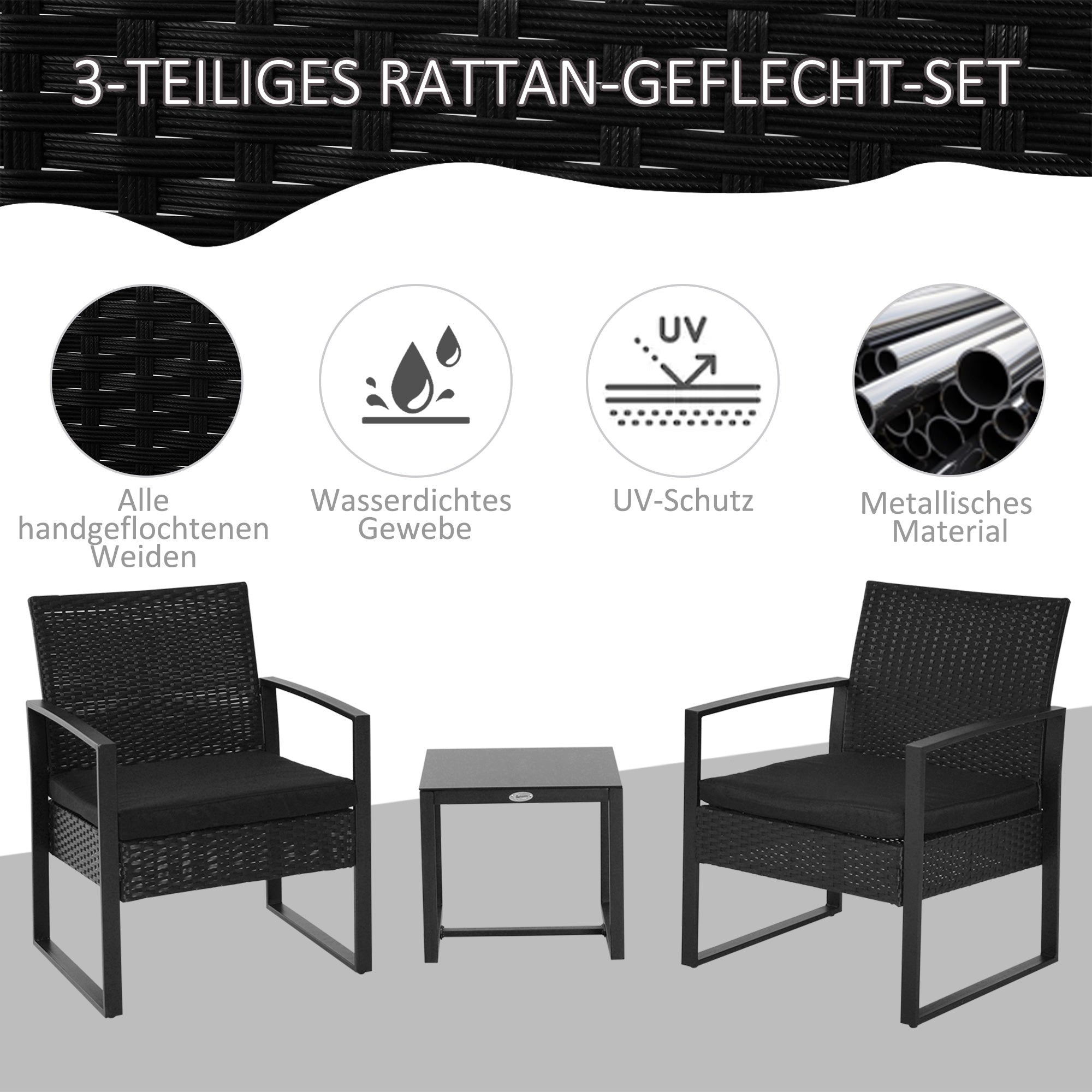 Polyrattan Garden Furniture Set, Outdoor Balcony Furniture for 2 Persons, 3-Piece Seating Group with 2 Chairs, Table, Seat Cushions, Weatherproof Patio Furniture for Garden, Terrace, Balcony, Black