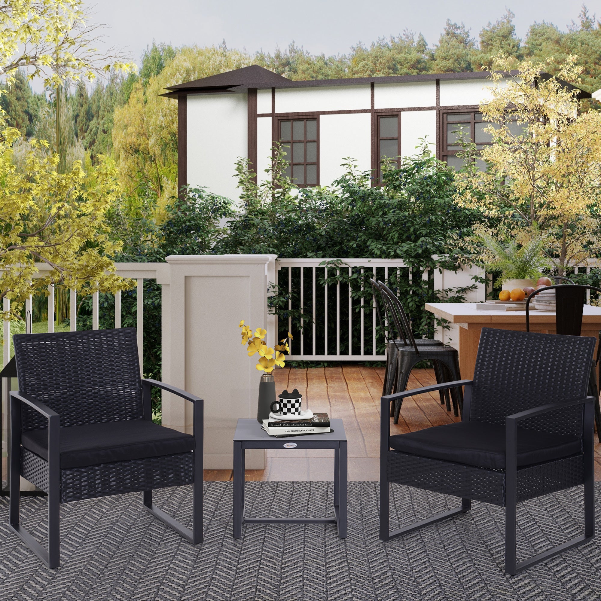 Polyrattan Garden Furniture Set, Outdoor Balcony Furniture for 2 Persons, 3-Piece Seating Group with 2 Chairs, Table, Seat Cushions, Weatherproof Patio Furniture for Garden, Terrace, Balcony, Black
