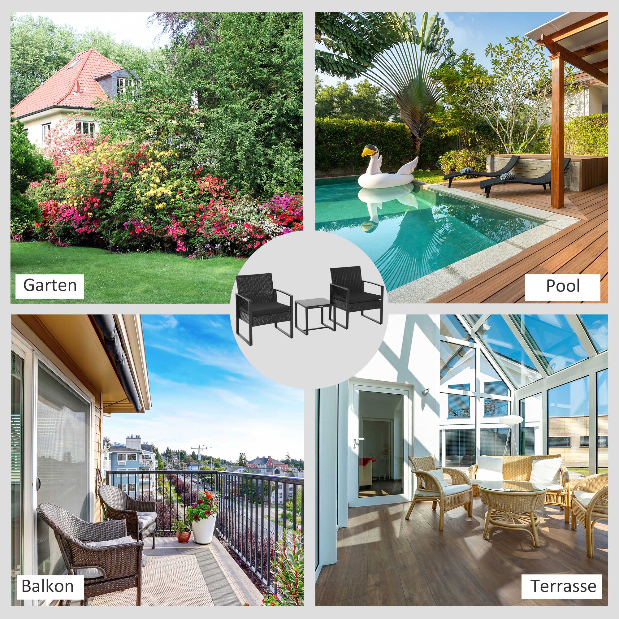 Polyrattan Garden Furniture Set, Outdoor Balcony Furniture for 2 Persons, 3-Piece Seating Group with 2 Chairs, Table, Seat Cushions, Weatherproof Patio Furniture for Garden, Terrace, Balcony, Black