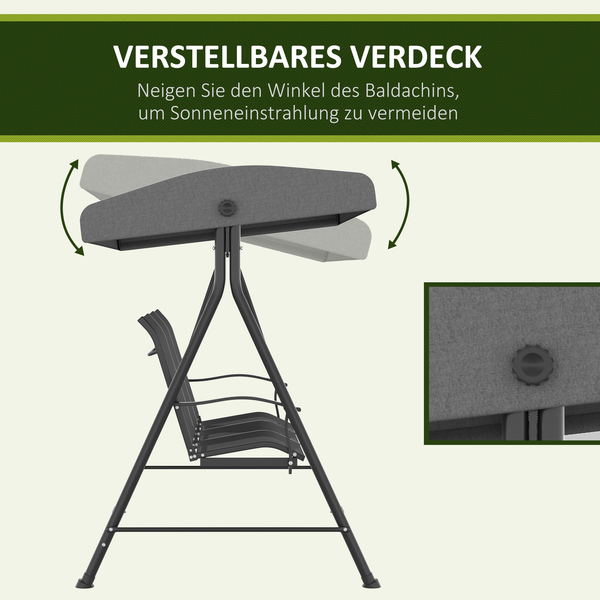 Hollywood Swing 3-Seater, Garden Swing with Adjustable Canopy, Swing Bench with Armrest, Up to 240 kg Load Capacity, Metal, Texteline, Dark Grey, 195 x 118 x 170 cm