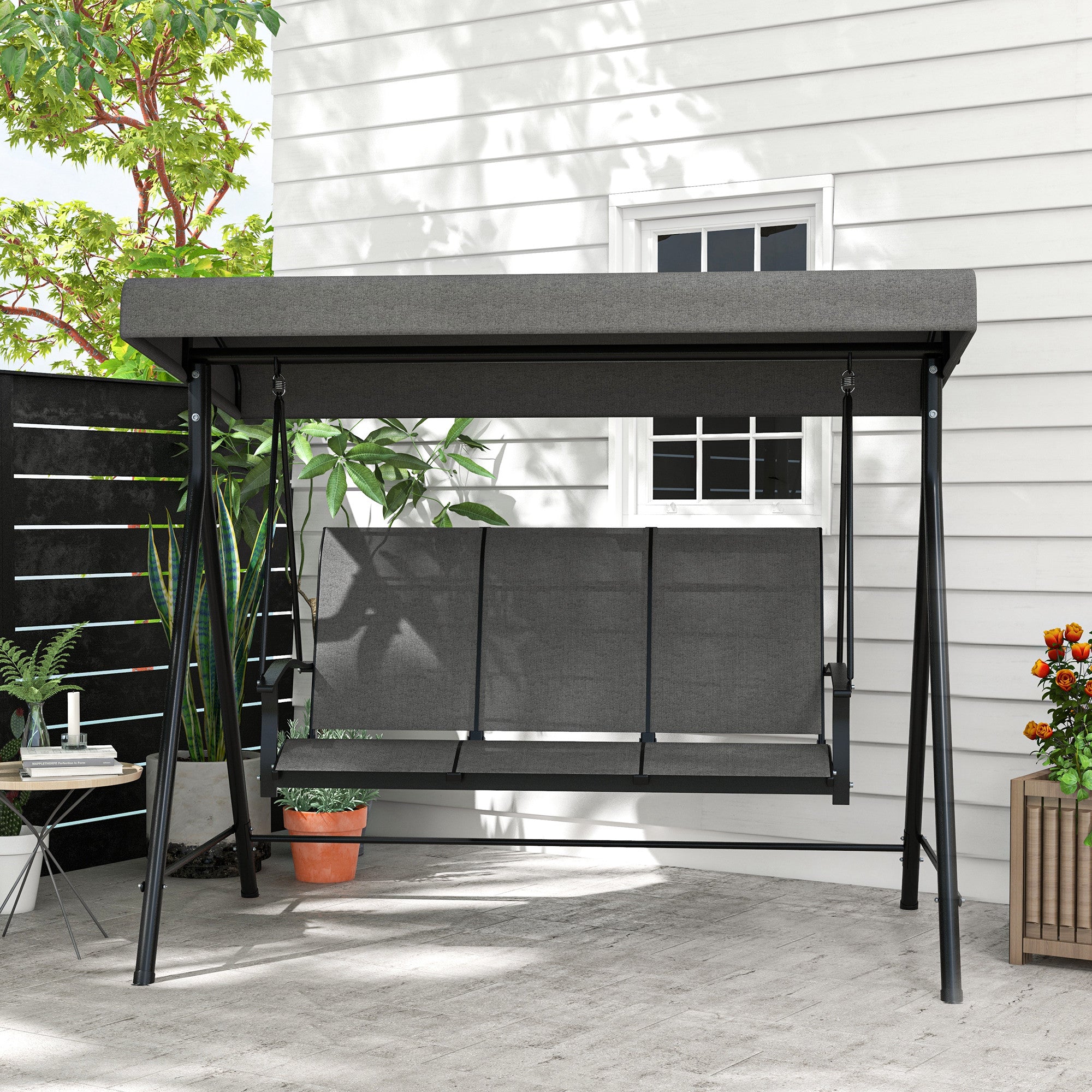 Hollywood Swing 3-Seater, Garden Swing with Adjustable Canopy, Swing Bench with Armrest, Up to 240 kg Load Capacity, Metal, Texteline, Dark Grey, 195 x 118 x 170 cm