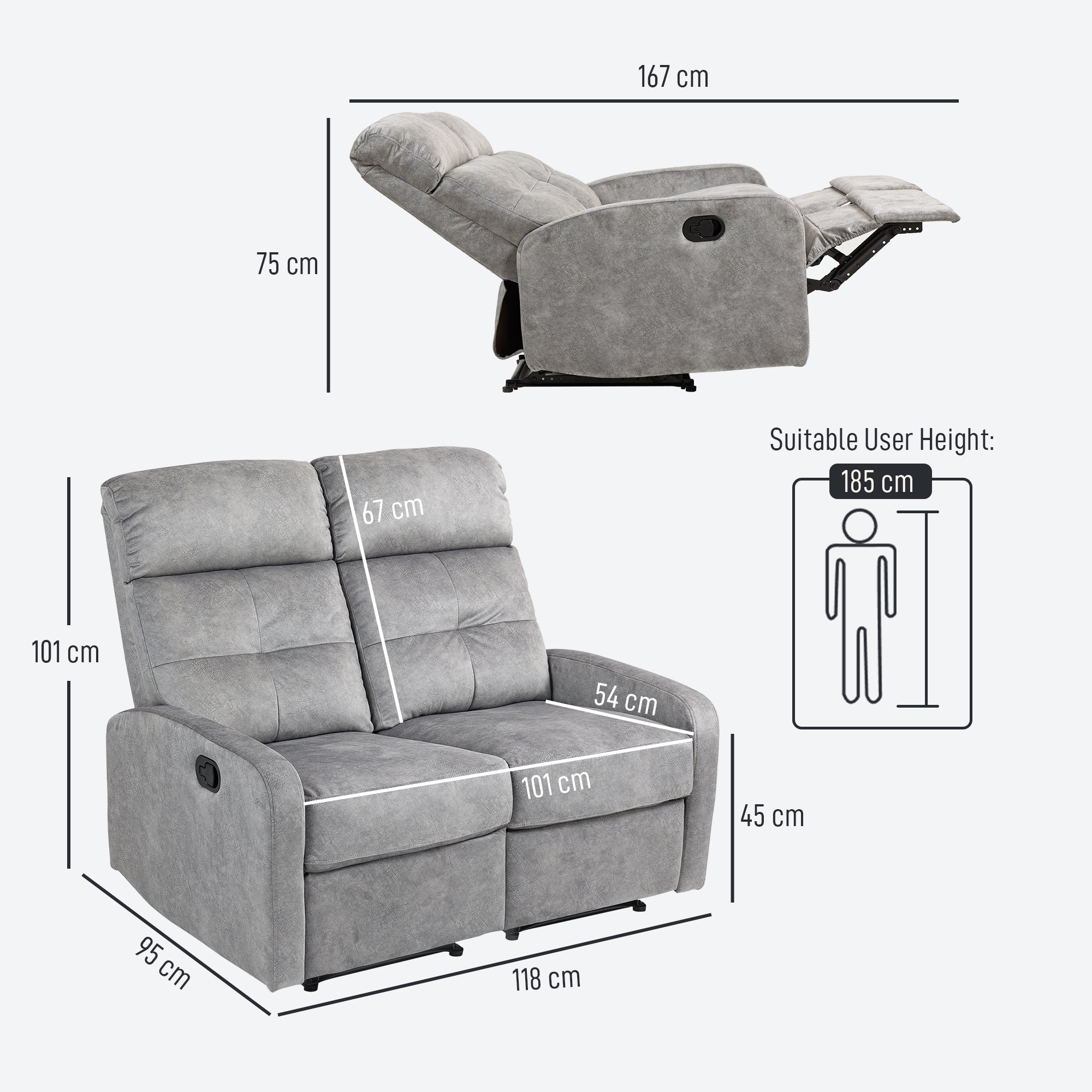TV Recliner Chair with Reclining Function, 2 Seater Sofa TV Chair with Pocket Coils, Two-Seater Cinema Chair with Footrest for Living Room, Bedroom, Gray