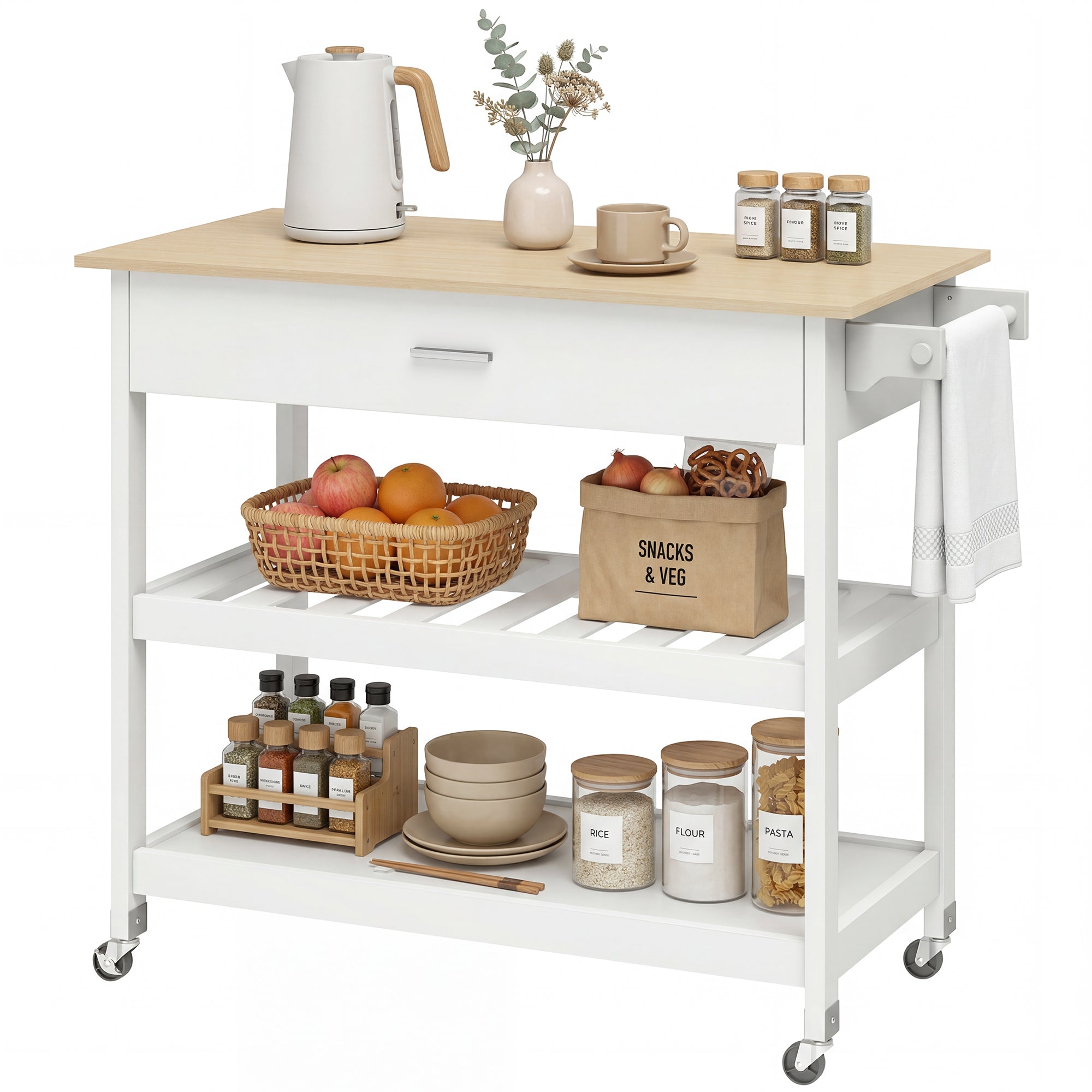 3-Tier Serving Cart with Large Worktop, Drawer & 2 Open Shelves, Towel Rack, Rolling Kitchen Trolley, White — 108.8 x 51 x 92.5 cm (42.8 x 20.1 x 36.4 in)