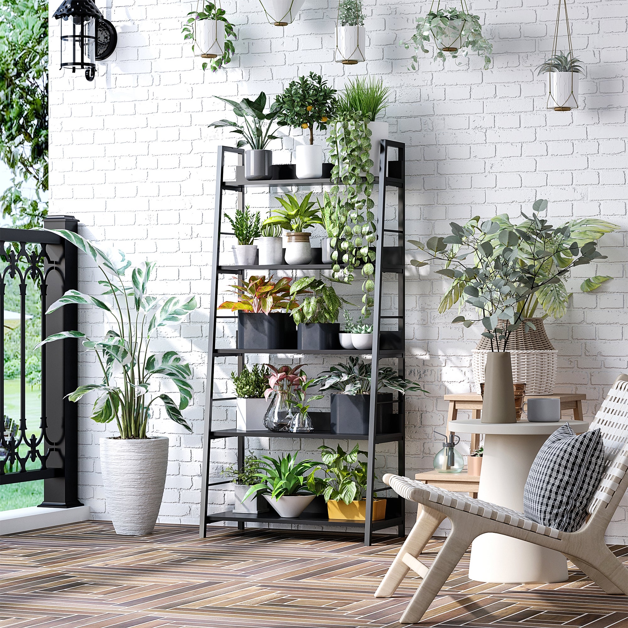 Industrial Style Leaning Bookshelf 5-Tier Storage 70L x 35W x 150H cm Black