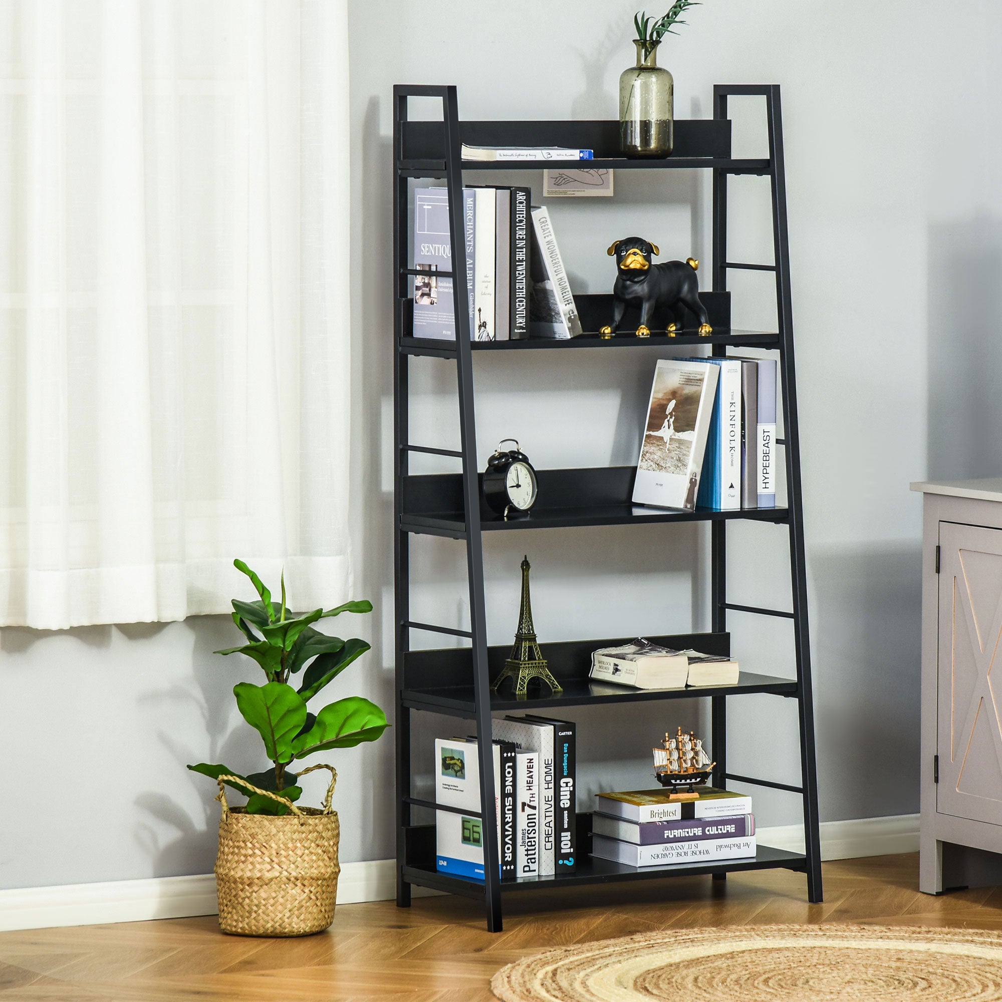 Industrial Style Leaning Bookshelf 5-Tier Storage 70L x 35W x 150H cm Black