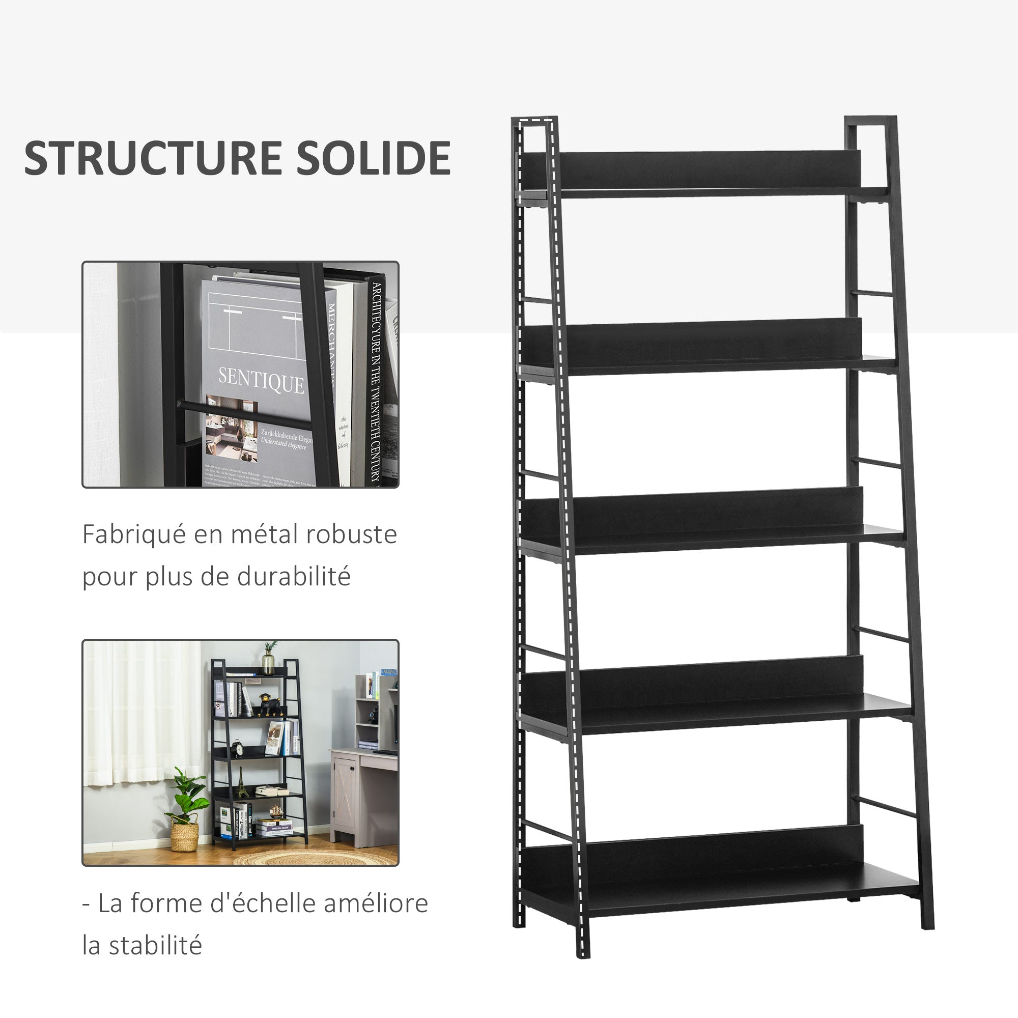Industrial Style Leaning Bookshelf 5-Tier Storage 70L x 35W x 150H cm Black