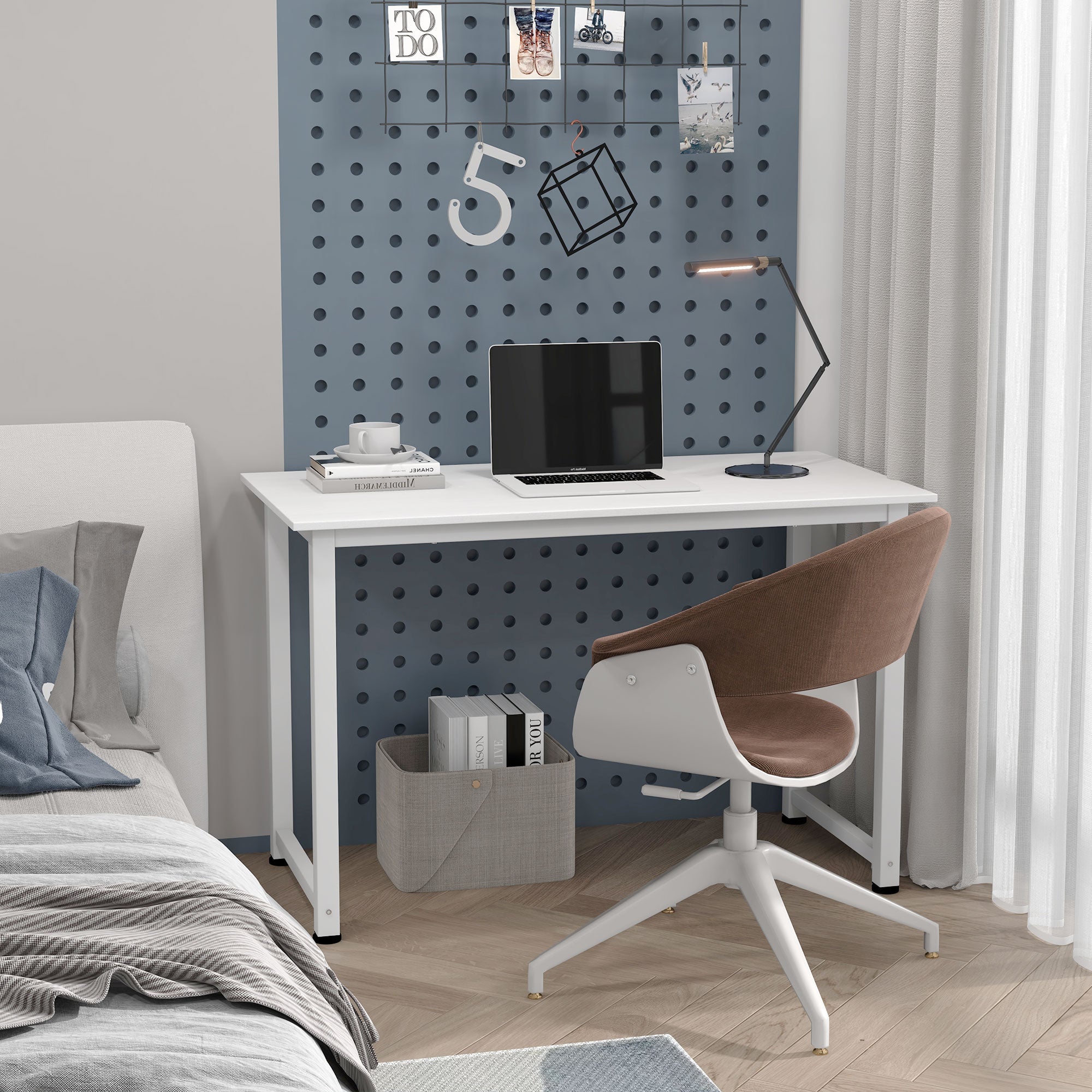Modern Desk Study Table with Steel Frame and Adjustable Feet Computer Desk for Office Home 120x60x76 cm White