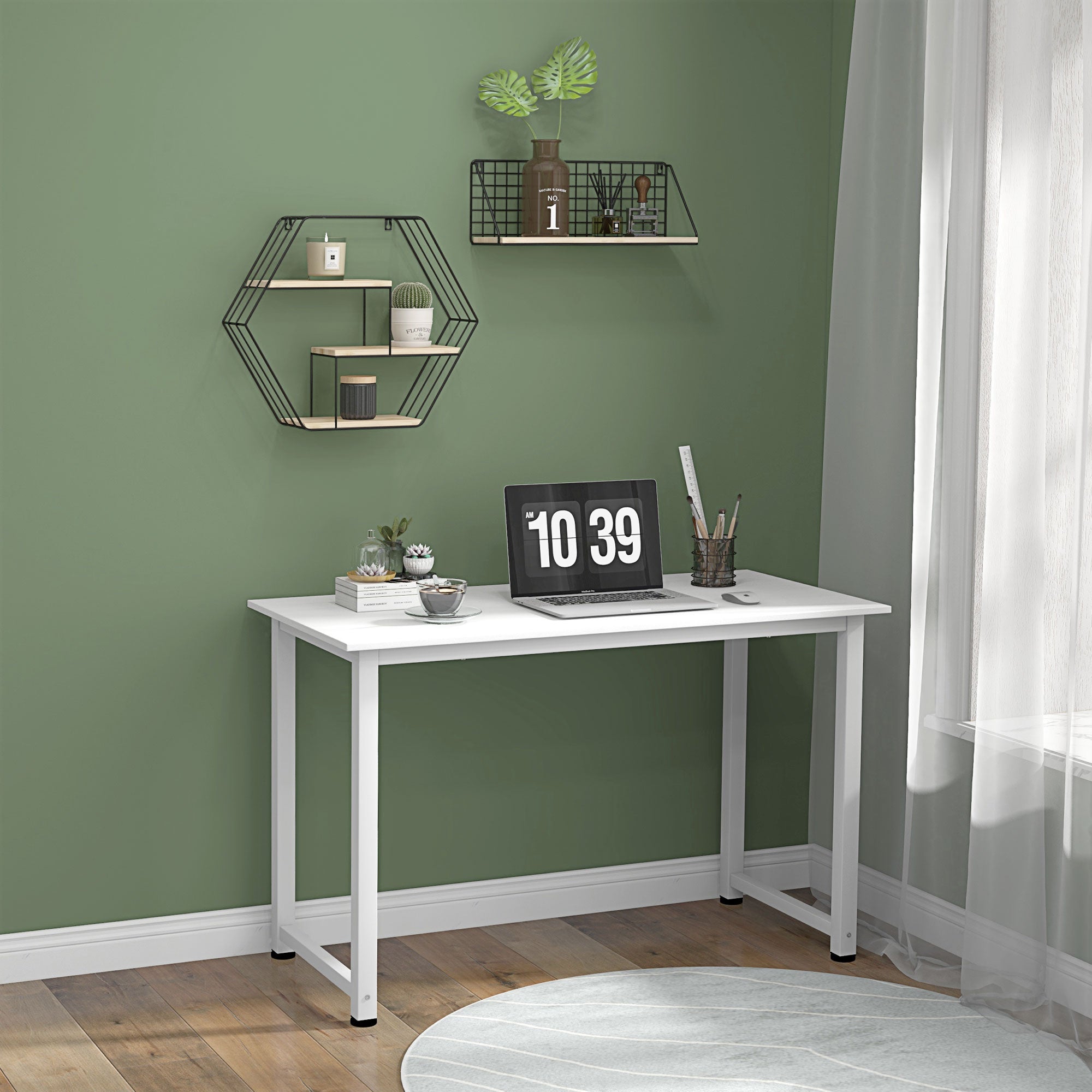 Modern Desk Study Table with Steel Frame and Adjustable Feet Computer Desk for Office Home 120x60x76 cm White