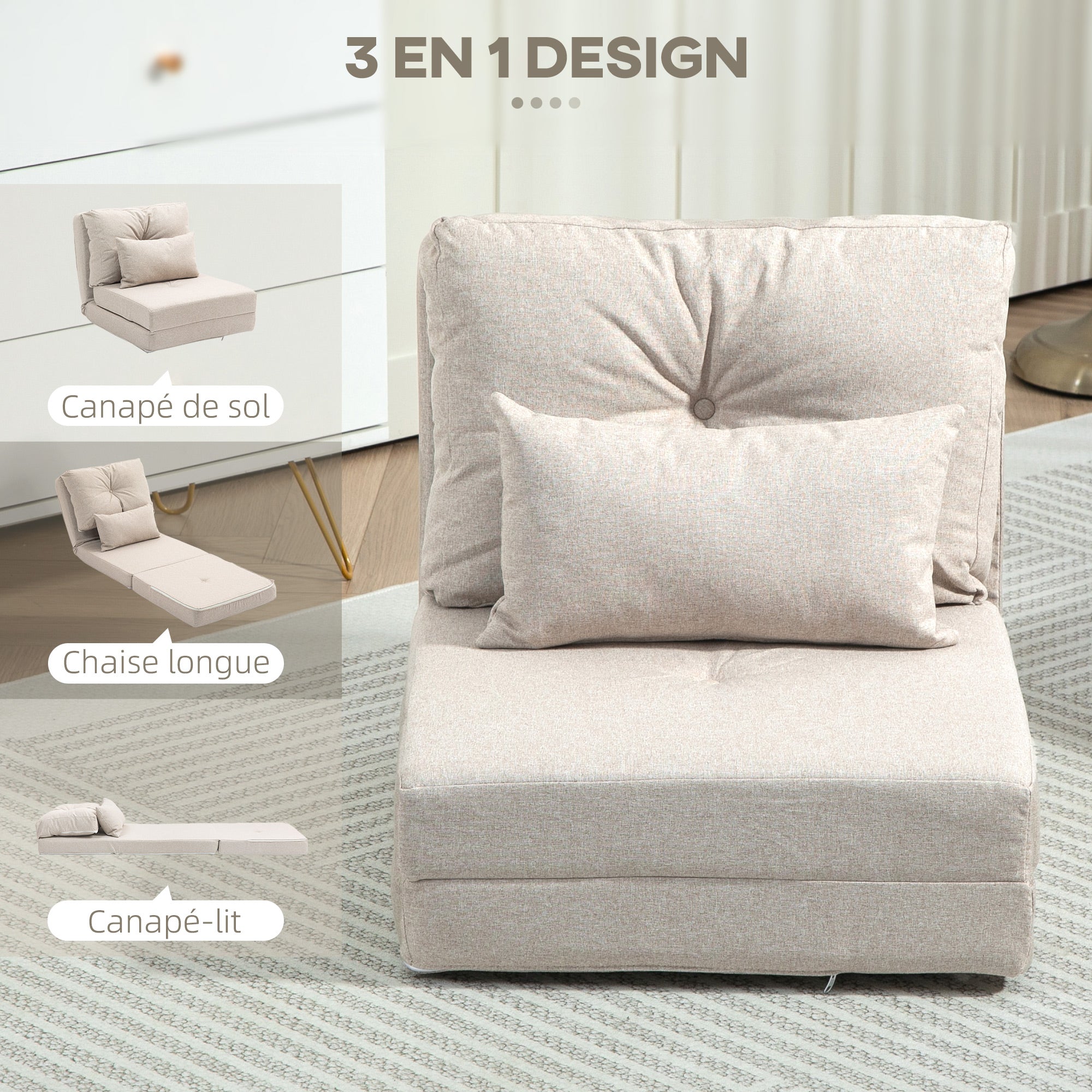 Single Convertible Chair Lazy Chair Lounger Bed - Includes Cushion, Adjustable Backrest - Living Room, 120 kg Load Capacity, Beige Linen Fabric