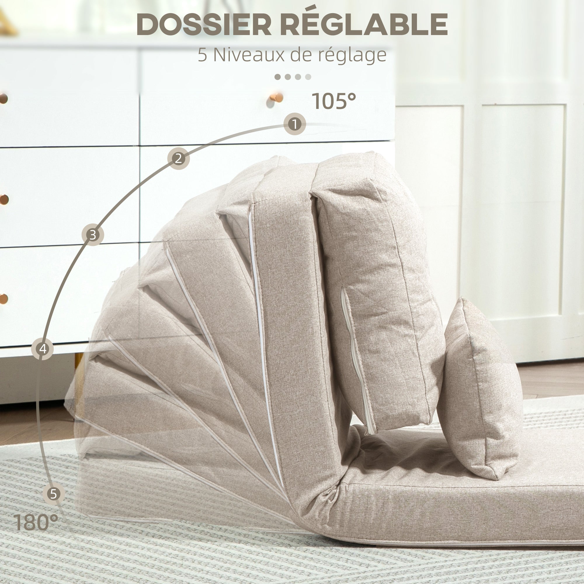 Single Convertible Chair Lazy Chair Lounger Bed - Includes Cushion, Adjustable Backrest - Living Room, 120 kg Load Capacity, Beige Linen Fabric