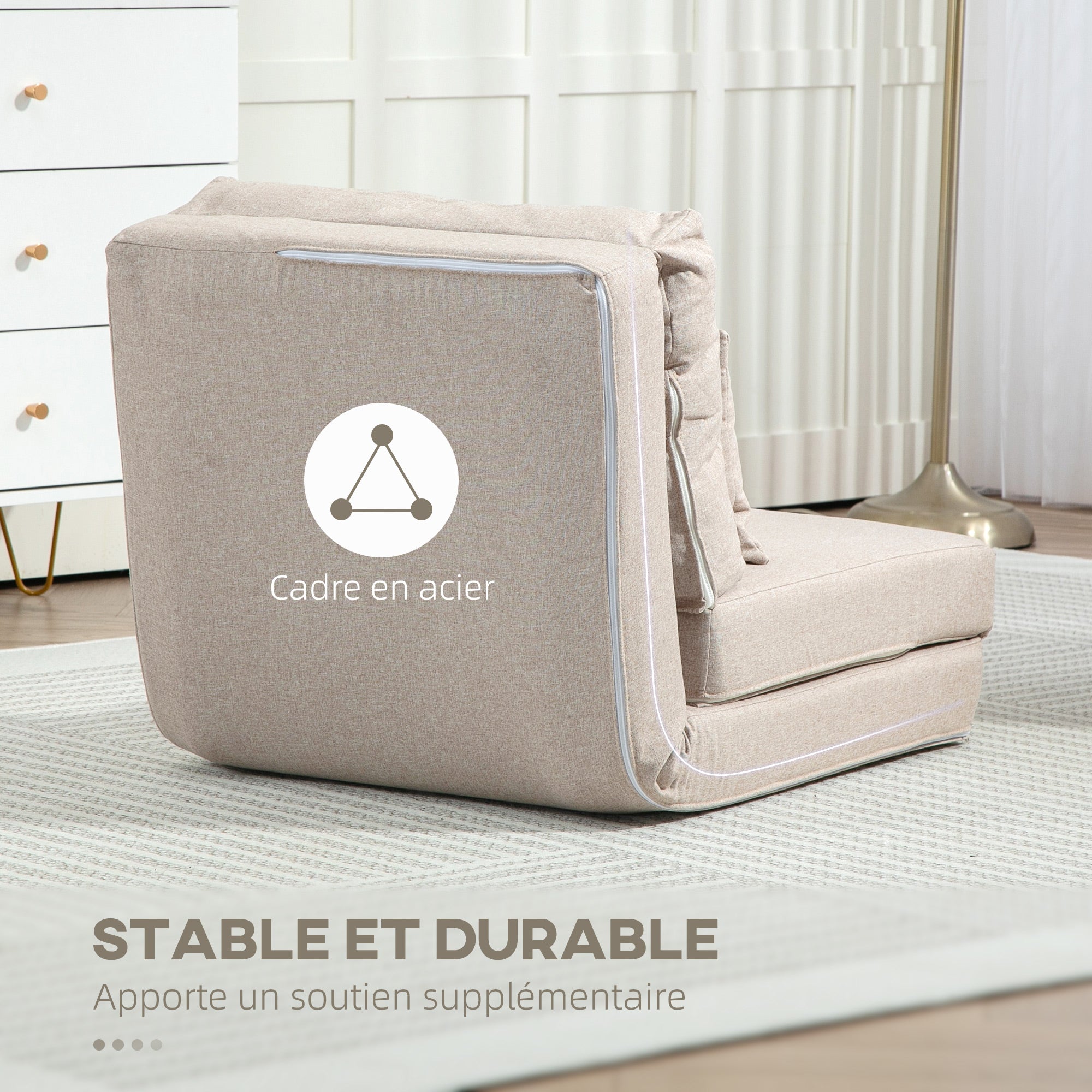 Single Convertible Chair Lazy Chair Lounger Bed - Includes Cushion, Adjustable Backrest - Living Room, 120 kg Load Capacity, Beige Linen Fabric