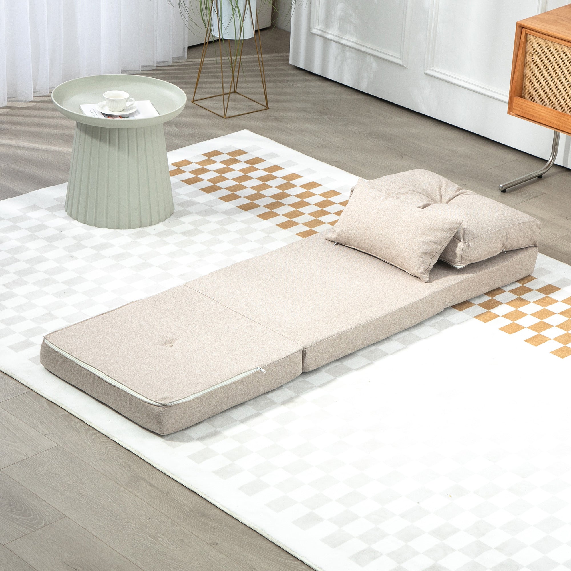 Single Convertible Chair Lazy Chair Lounger Bed - Includes Cushion, Adjustable Backrest - Living Room, 120 kg Load Capacity, Beige Linen Fabric