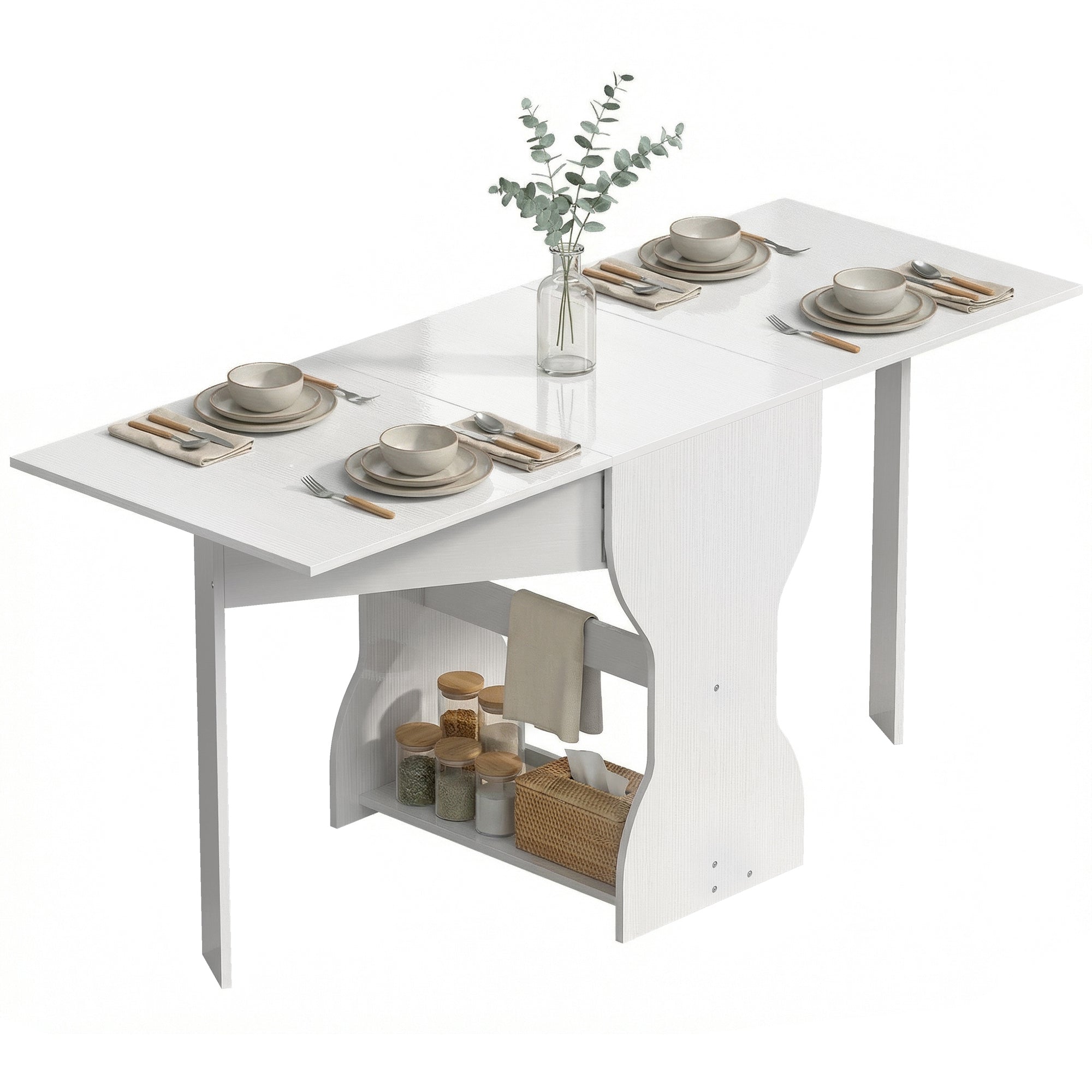 Folding Dining Table 63" — Space-Saving Console with Storage Shelf for Small Spaces, Modern Table for 4, White