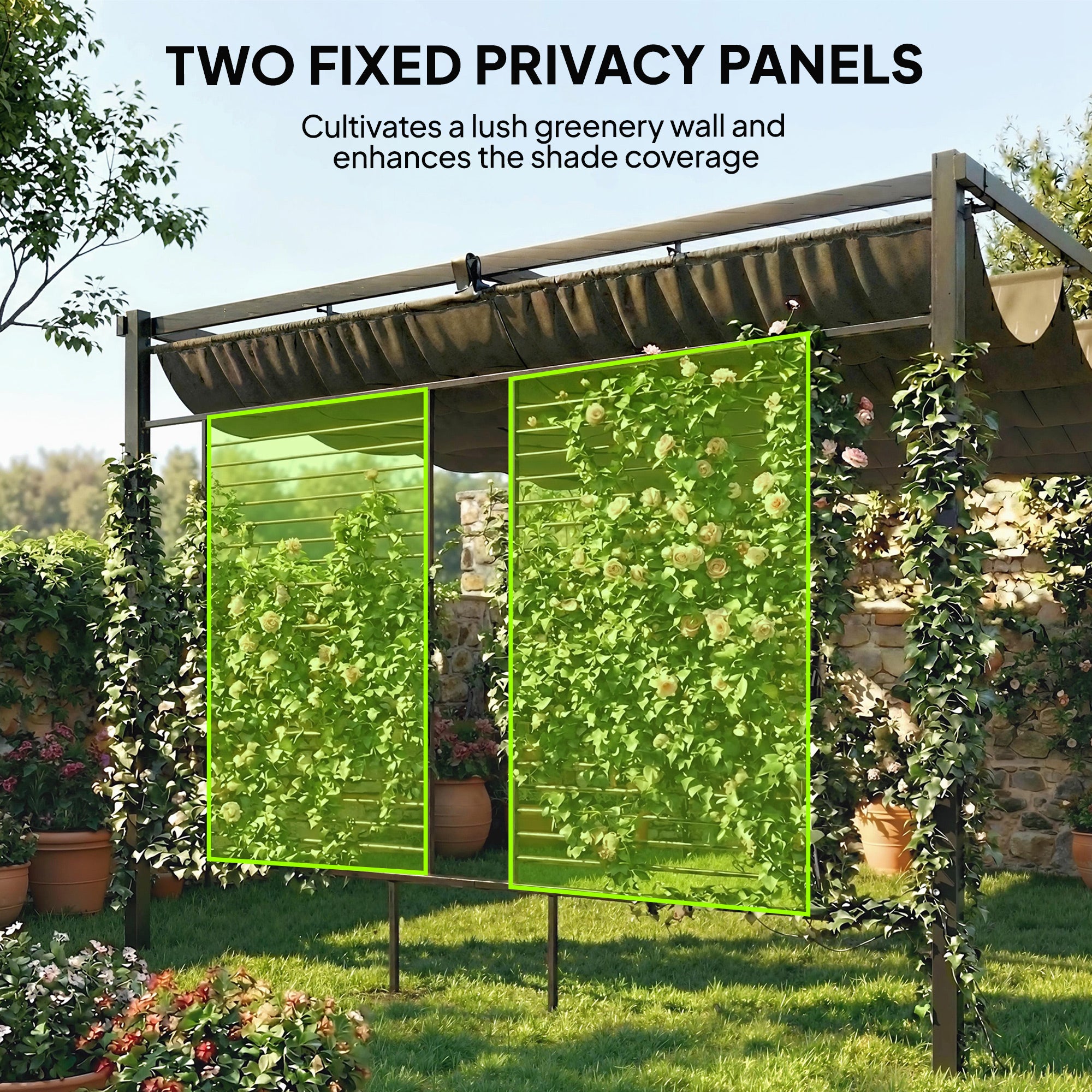 Pergola 3.87 x 2.97 m Patio Cover with Retractable Roof, 2 Privacy Panels, UV50+, Freestanding with Drainage Holes — Dark Gray