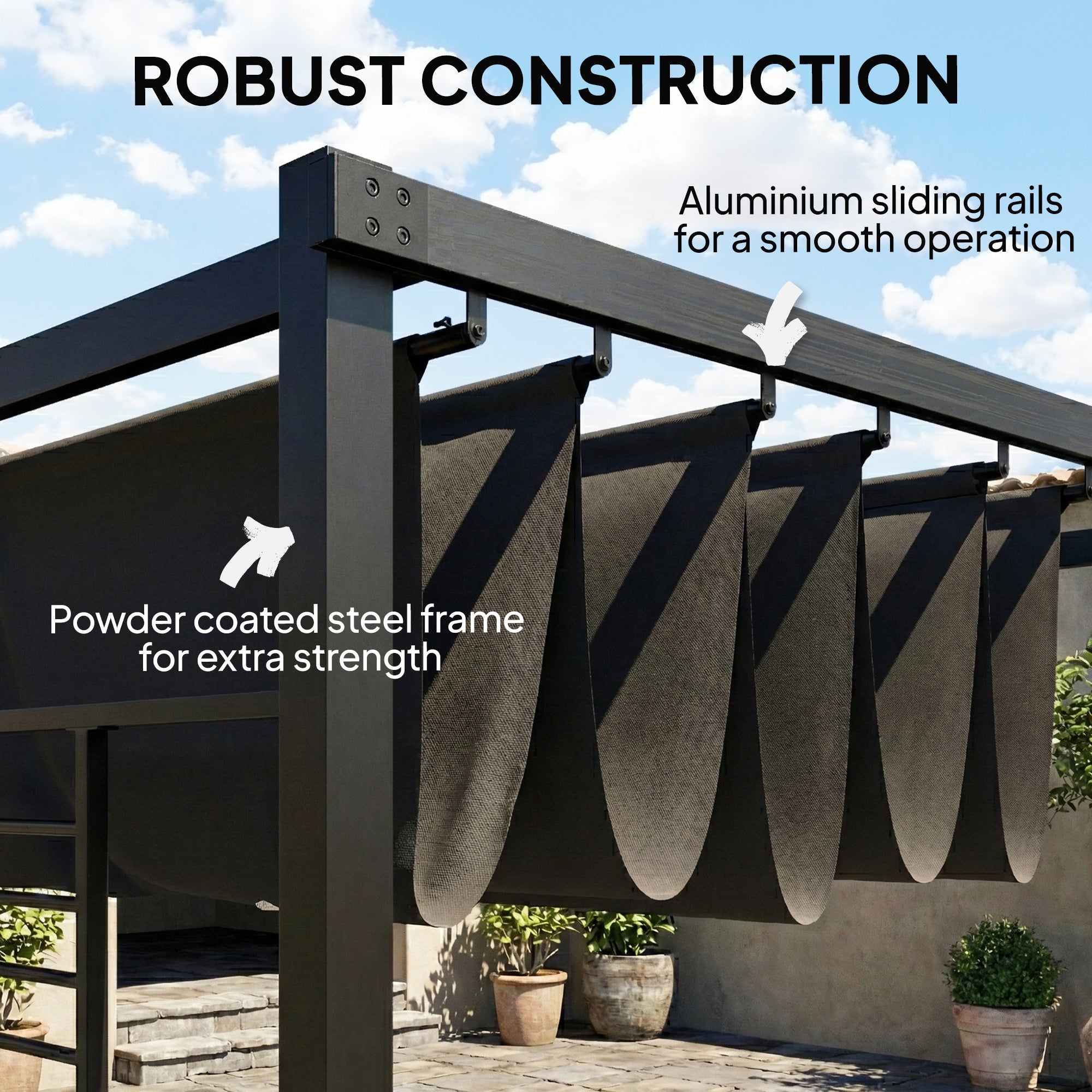 Pergola 3.87 x 2.97 m Patio Cover with Retractable Roof, 2 Privacy Panels, UV50+, Freestanding with Drainage Holes — Dark Gray