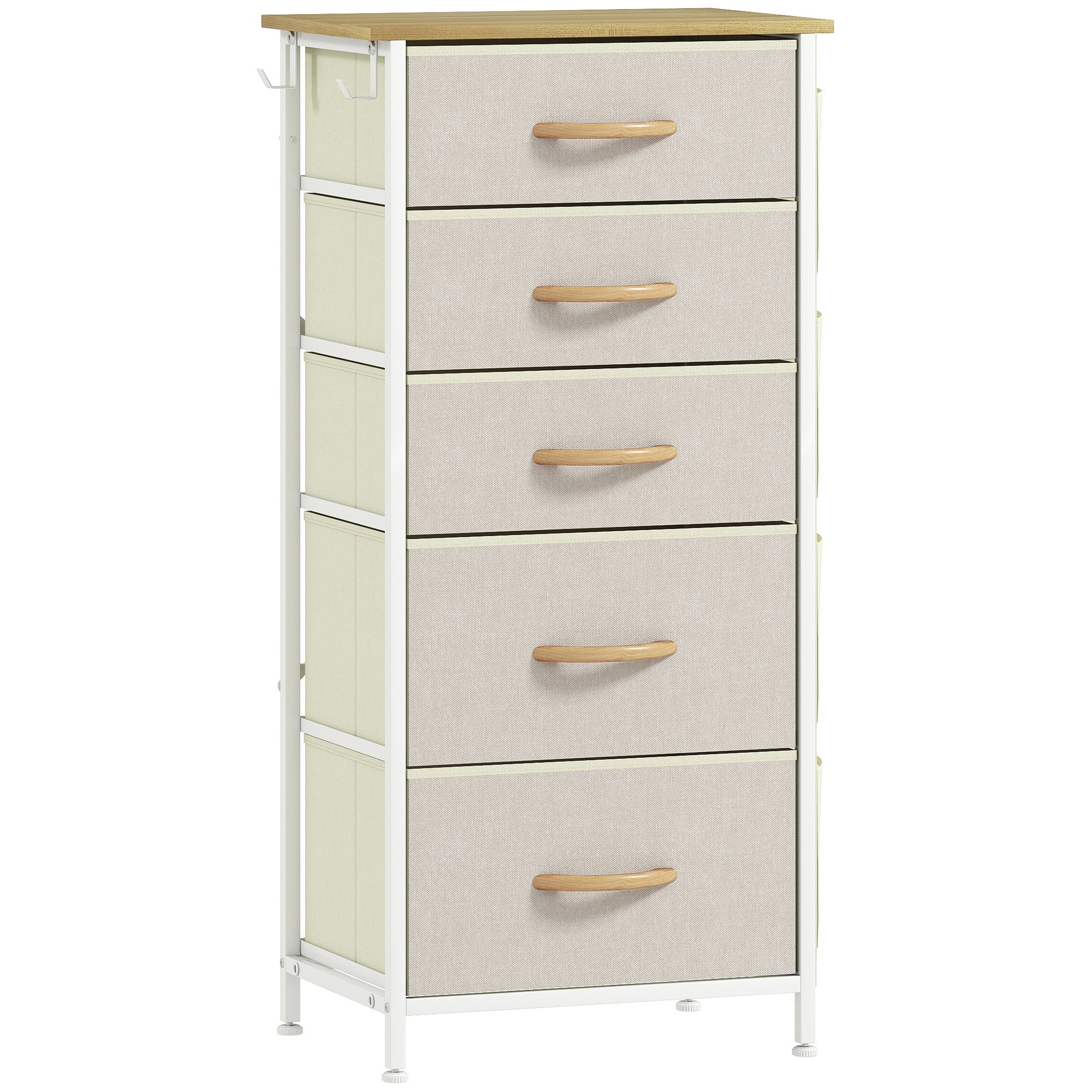 5-Drawer Fabric Dresser with Hooks & Side Pockets, Steel Frame – Beige