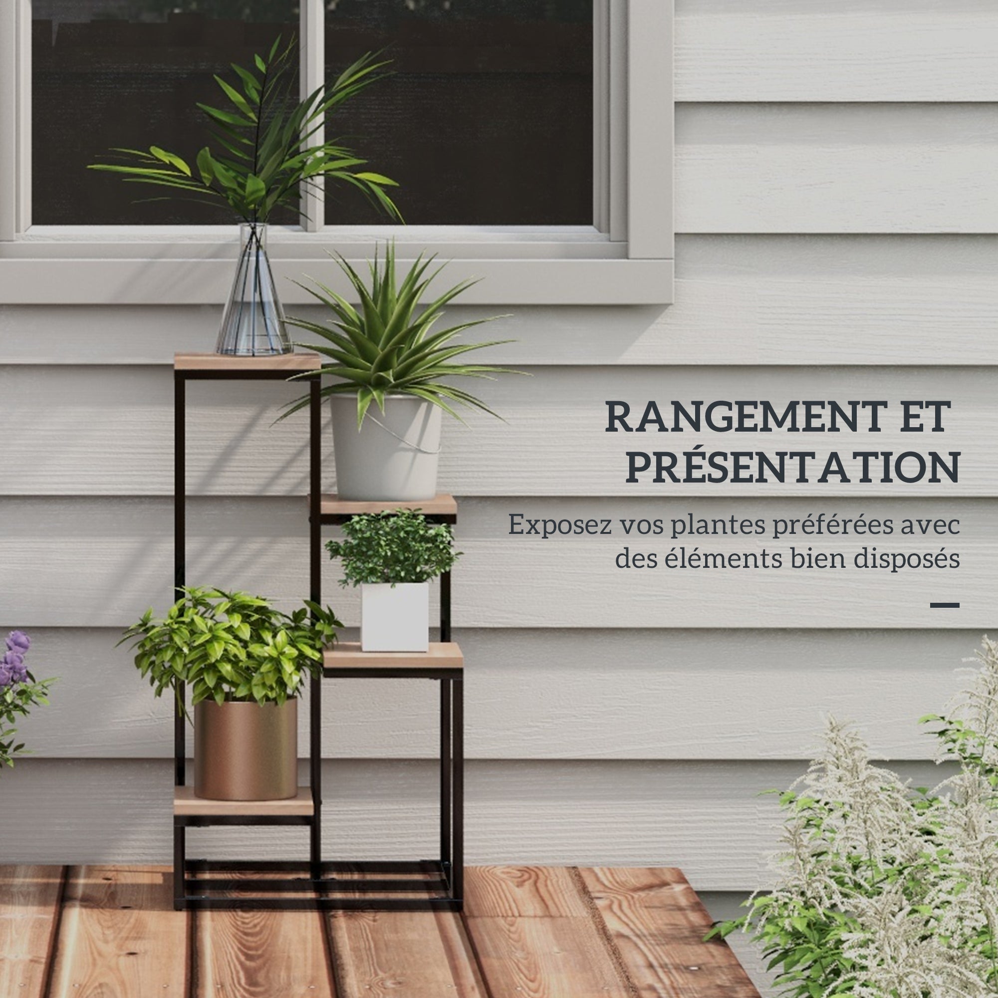 Metal and Wood Plant Stand Flower Shelf 4 Levels Industrial Style 40L x 40W x 75.5H cm