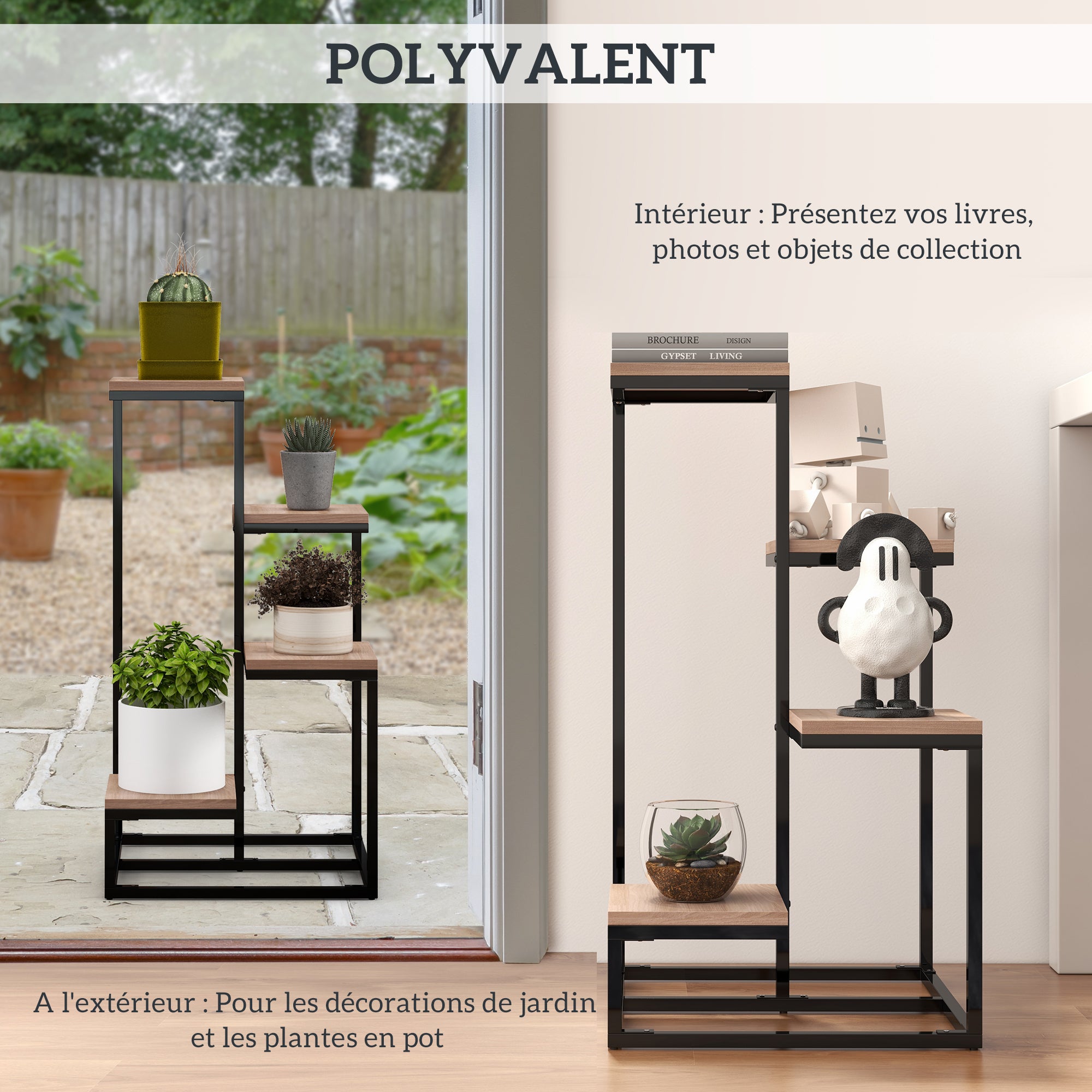 Metal and Wood Plant Stand Flower Shelf 4 Levels Industrial Style 40L x 40W x 75.5H cm