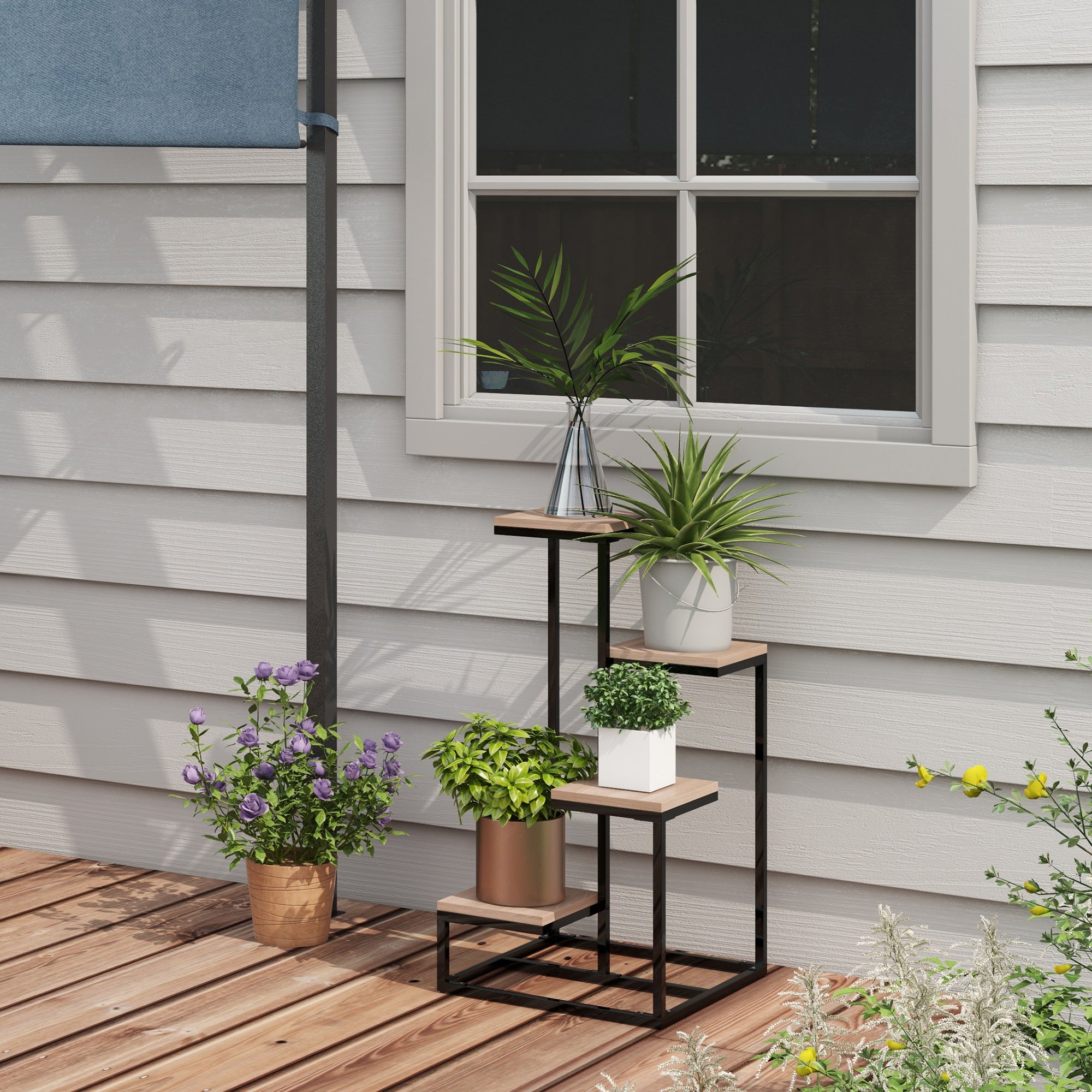 Metal and Wood Plant Stand Flower Shelf 4 Levels Industrial Style 40L x 40W x 75.5H cm