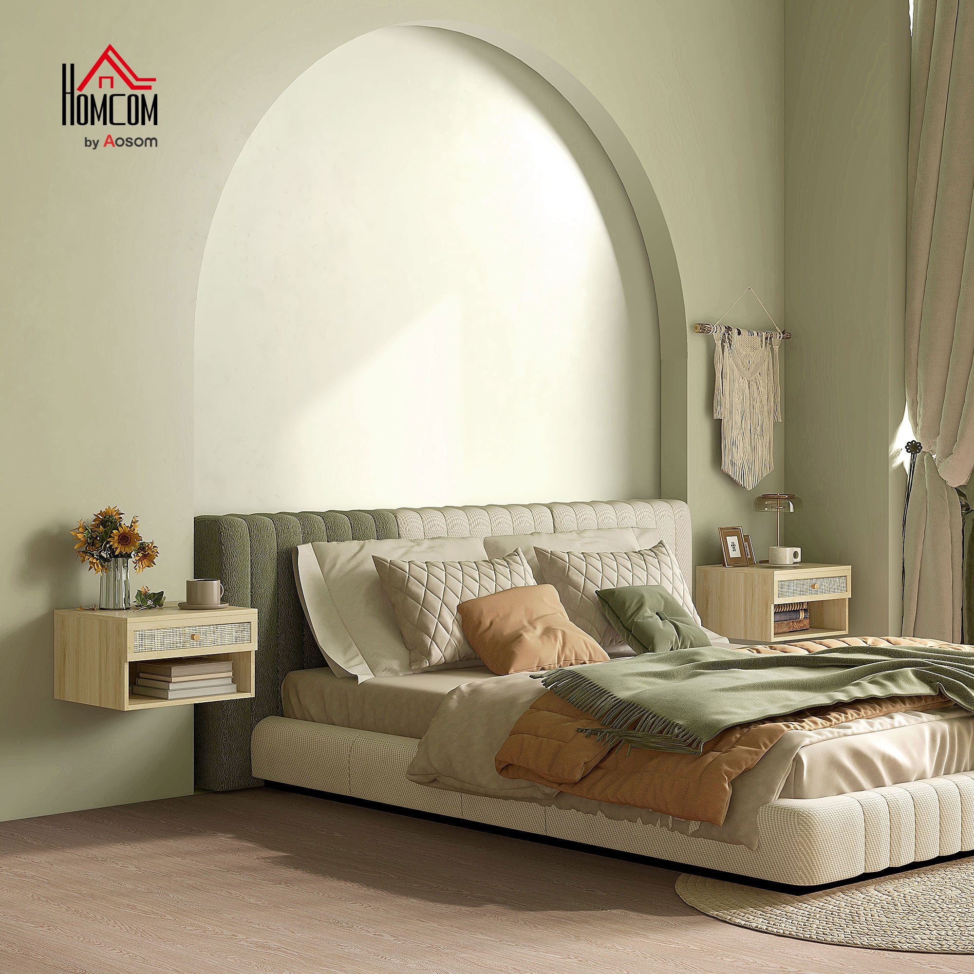 Set of 2 Floating Bedside Tables Hanging Bedside Tables with Open Compartment and Rattan Front Drawer Nightstands for Bedroom Home 40x34x23 cm Natural