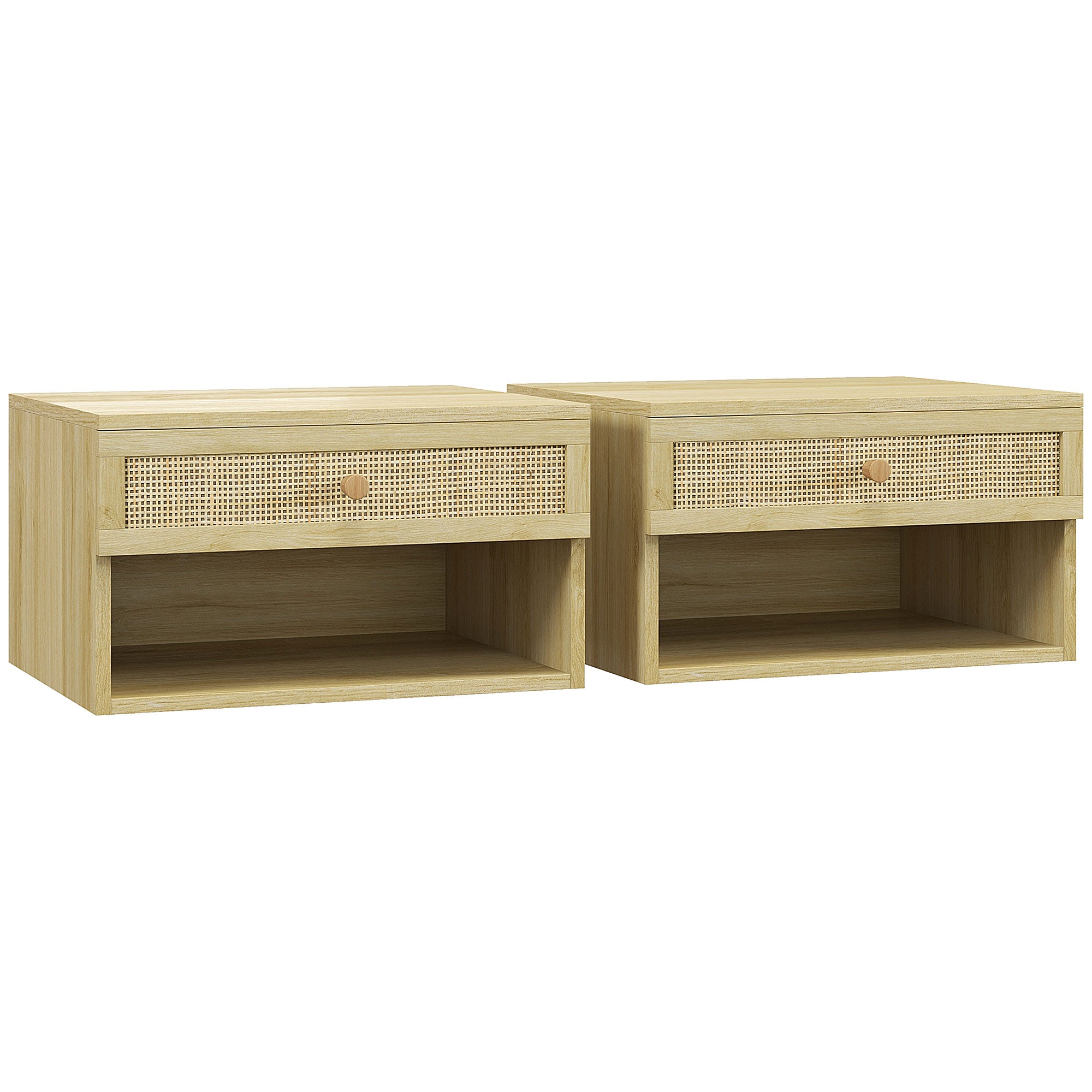 Set of 2 Floating Bedside Tables Hanging Bedside Tables with Open Compartment and Rattan Front Drawer Nightstands for Bedroom Home 40x34x23 cm Natural