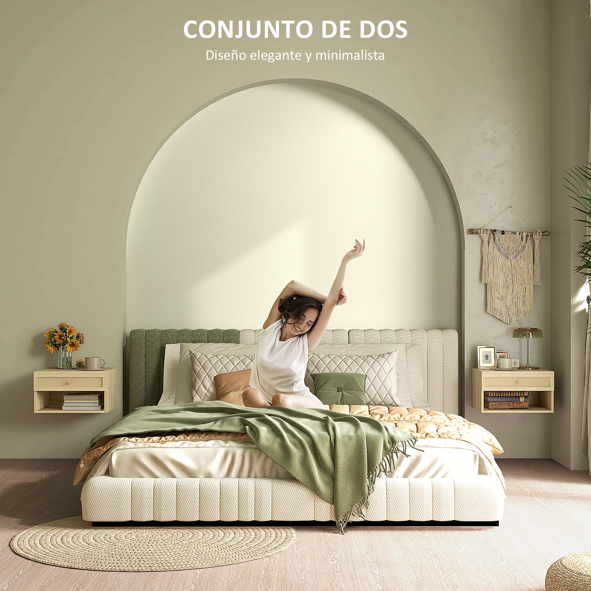 Set of 2 Floating Bedside Tables Hanging Bedside Tables with Open Compartment and Rattan Front Drawer Nightstands for Bedroom Home 40x34x23 cm Natural