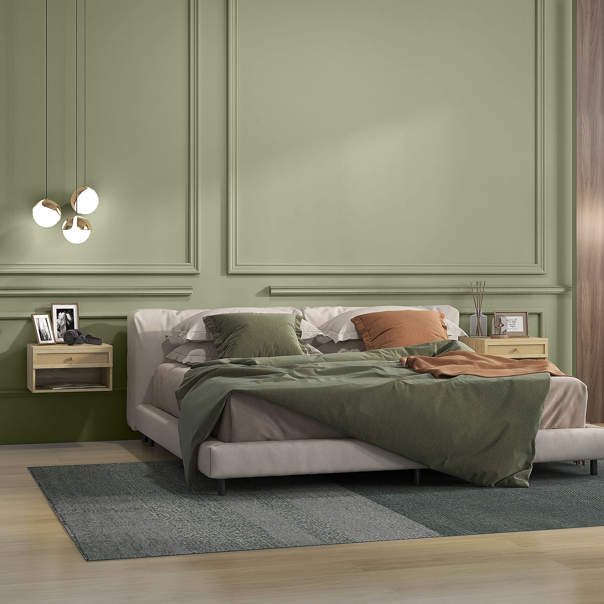 Set of 2 Floating Bedside Tables Hanging Bedside Tables with Open Compartment and Rattan Front Drawer Nightstands for Bedroom Home 40x34x23 cm Natural