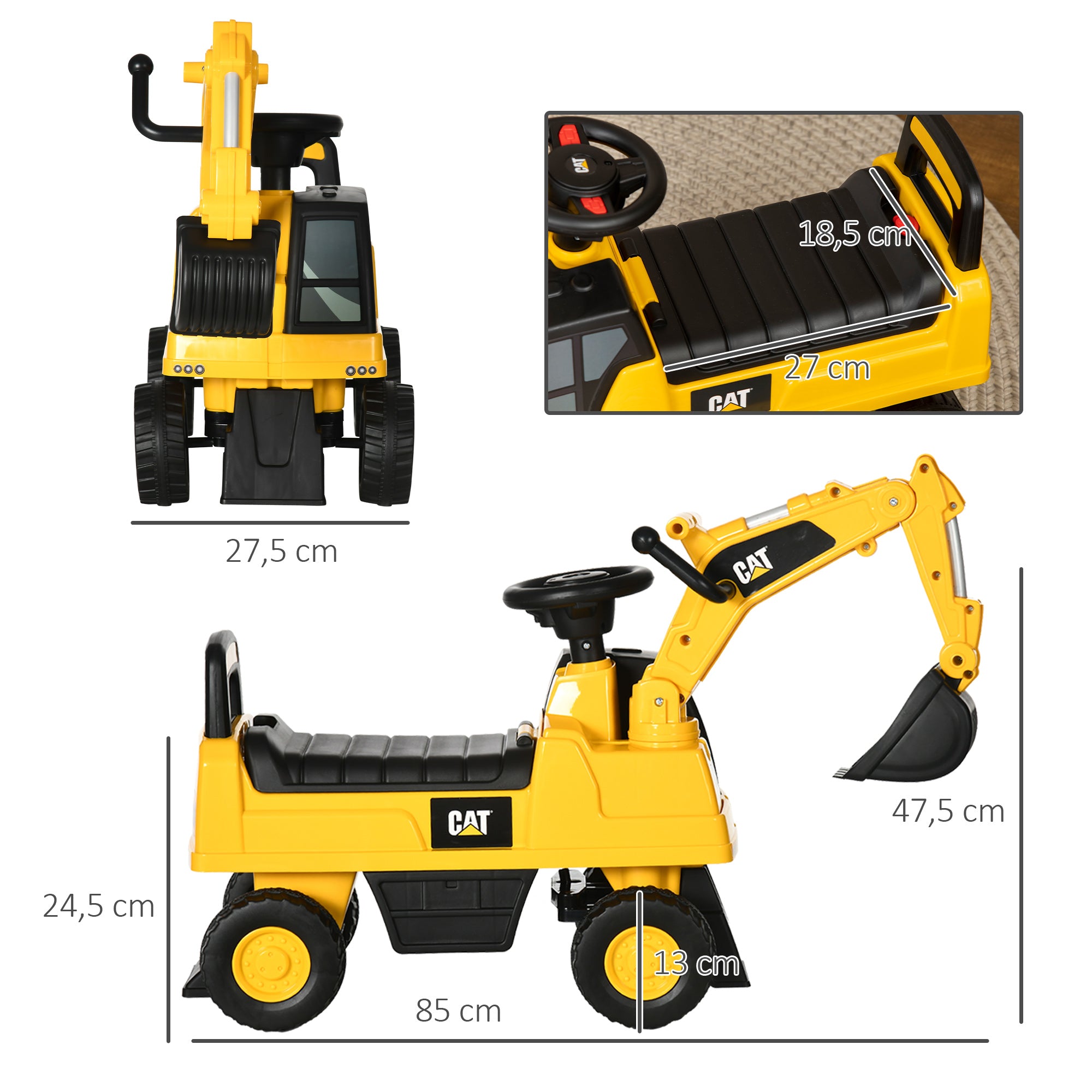 Seat Digger Ride-On Digger with Adjustable Shovel Steering Wheel Kids Digger with Storage Space under Seat Ride-On Toy Digger up to 25kg, Sitting for Children 1-3 Years Yellow