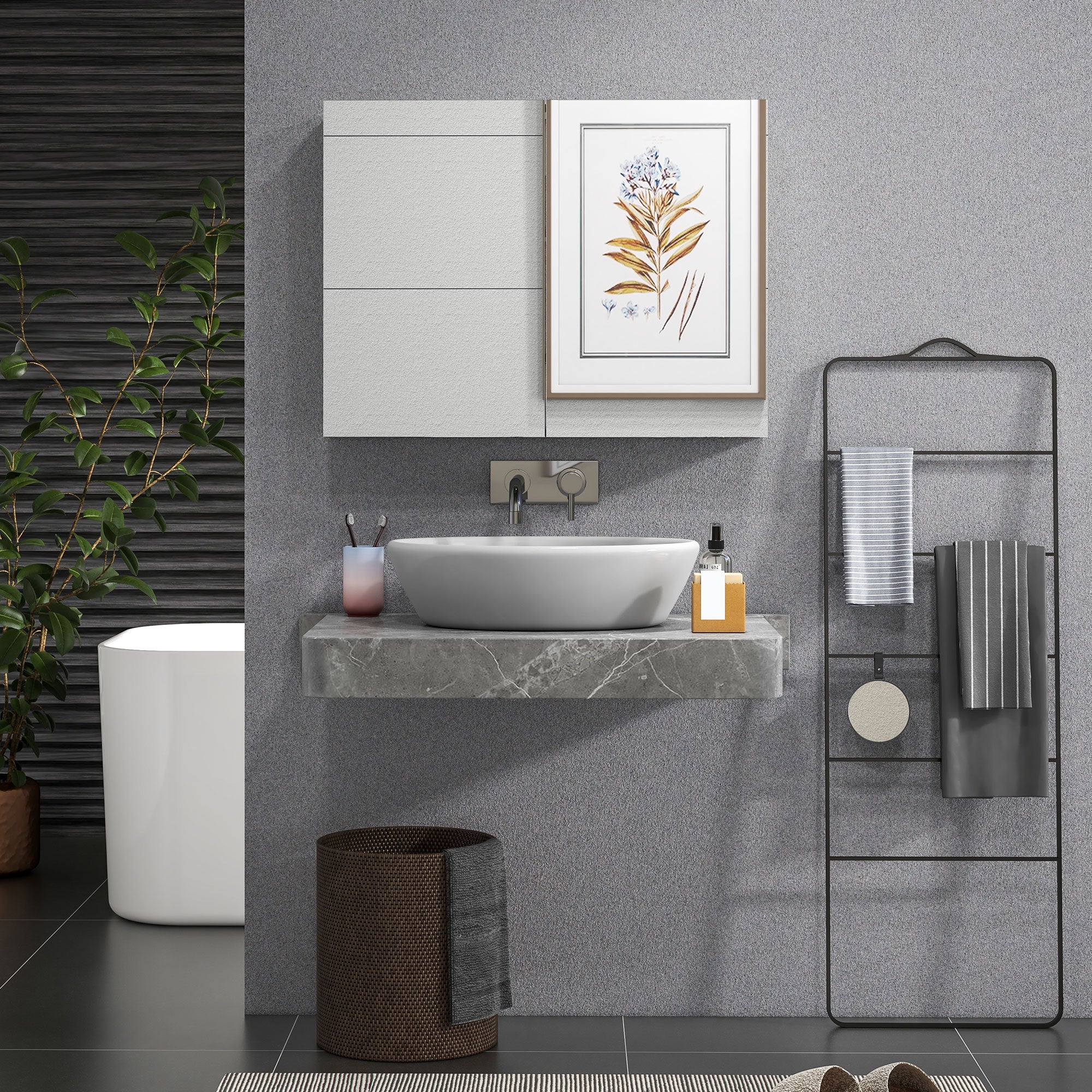 Wall-Mounted Bathroom Mirror Cabinet, 31.5 x 5.9 x 23.6 in, Double Doors with Adjustable Shelves, Grey