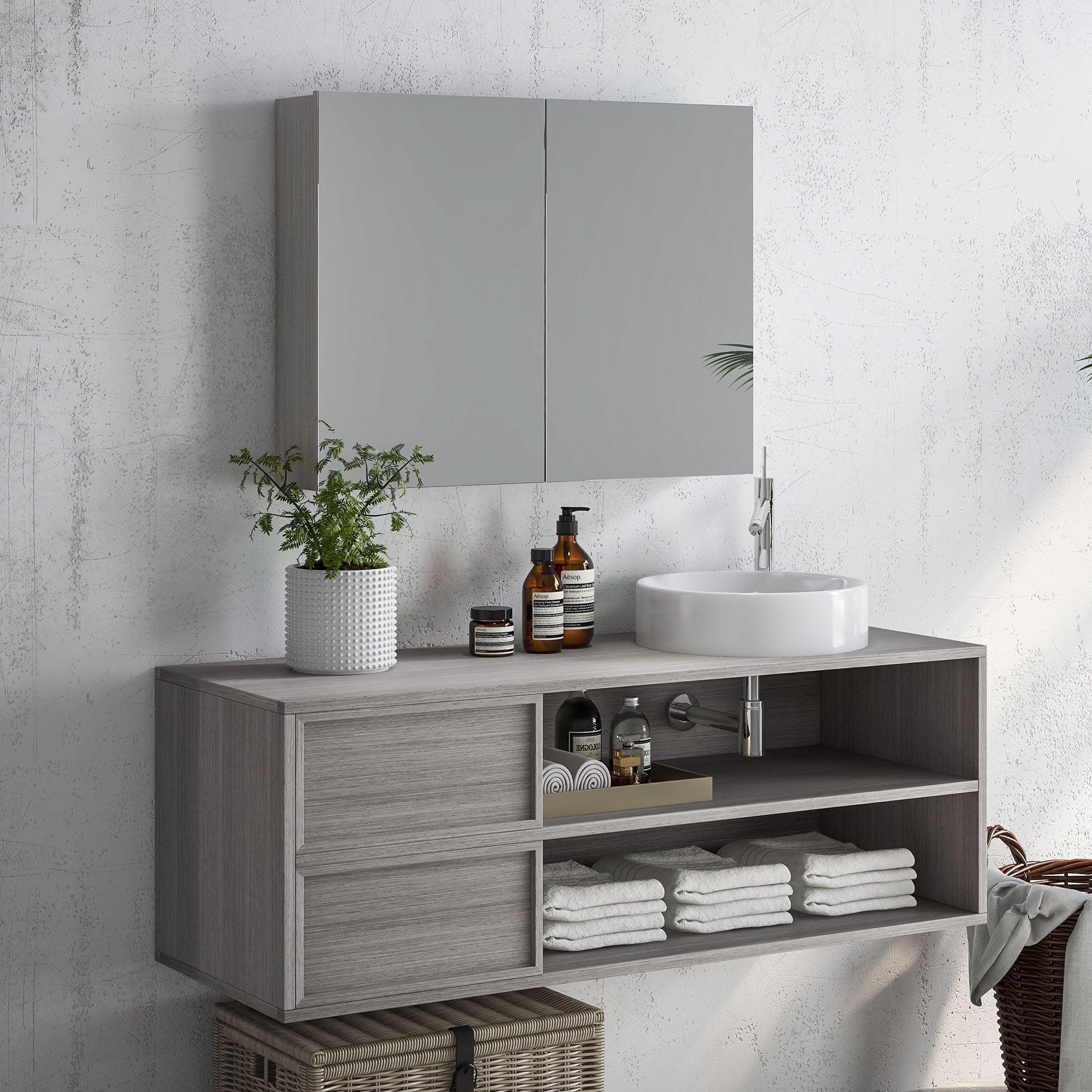 Wall-Mounted Bathroom Mirror Cabinet, 31.5 x 5.9 x 23.6 in, Double Doors with Adjustable Shelves, Grey