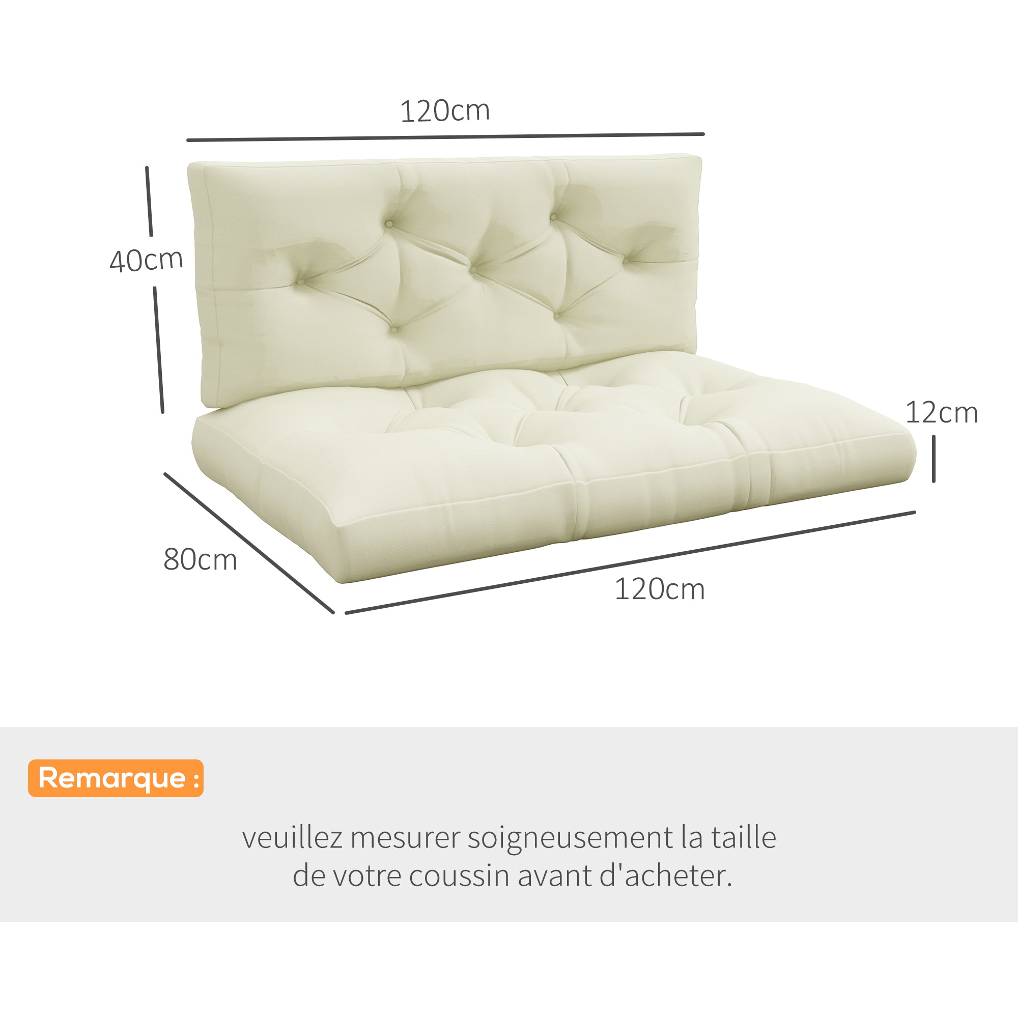 Set of 2 seat and back cushions for Garden Bench, Loveseat, 2-Seater Pallet Sofa High Comfort dimensions 120L x 80W x 12H cm Polyester Cream