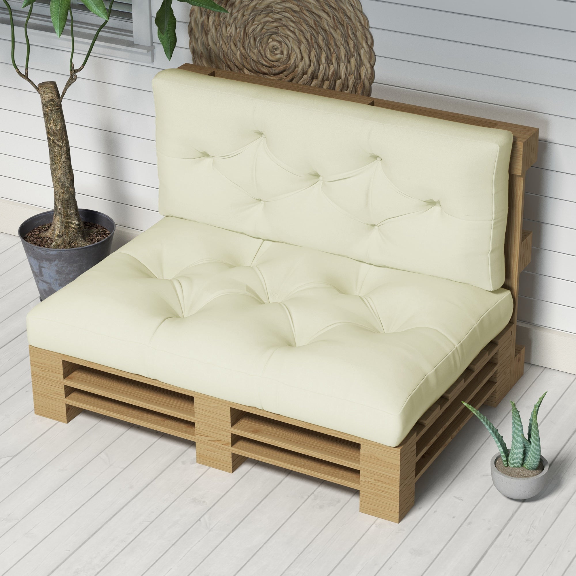 Set of 2 seat and back cushions for Garden Bench, Loveseat, 2-Seater Pallet Sofa High Comfort dimensions 120L x 80W x 12H cm Polyester Cream